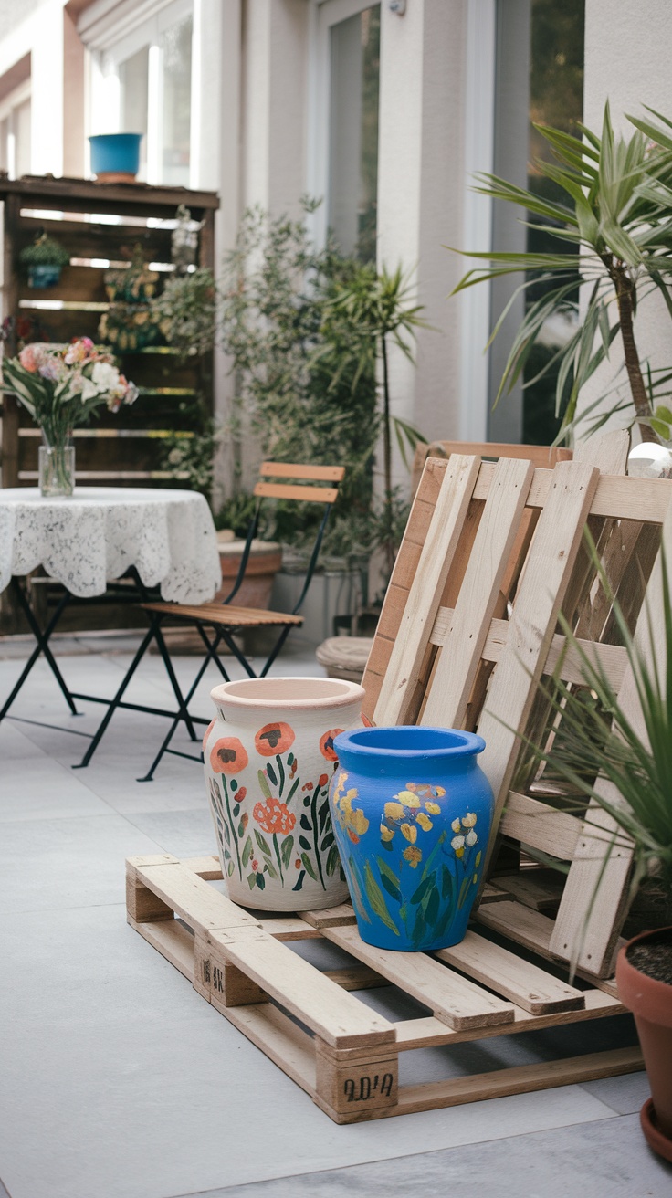 A cozy patio with colorful painted flower pots and a rustic wooden pallet.