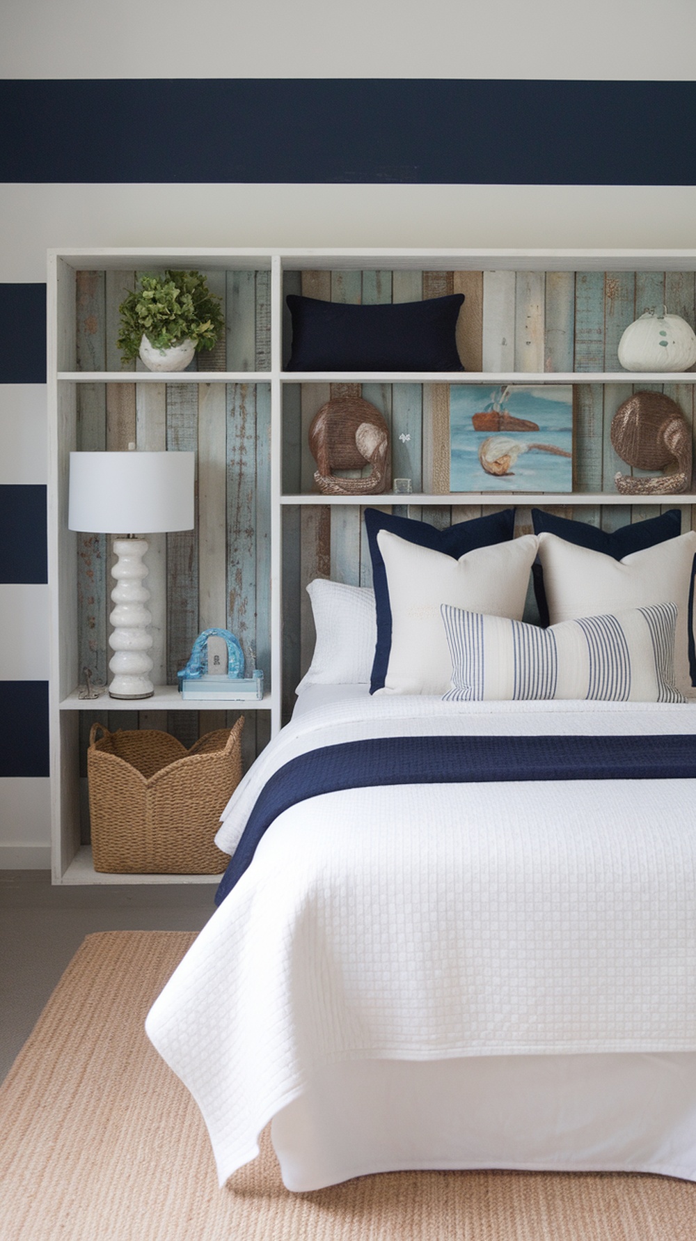 A coastal themed bedroom featuring a blue and white color scheme, decorative pillows, and natural elements.