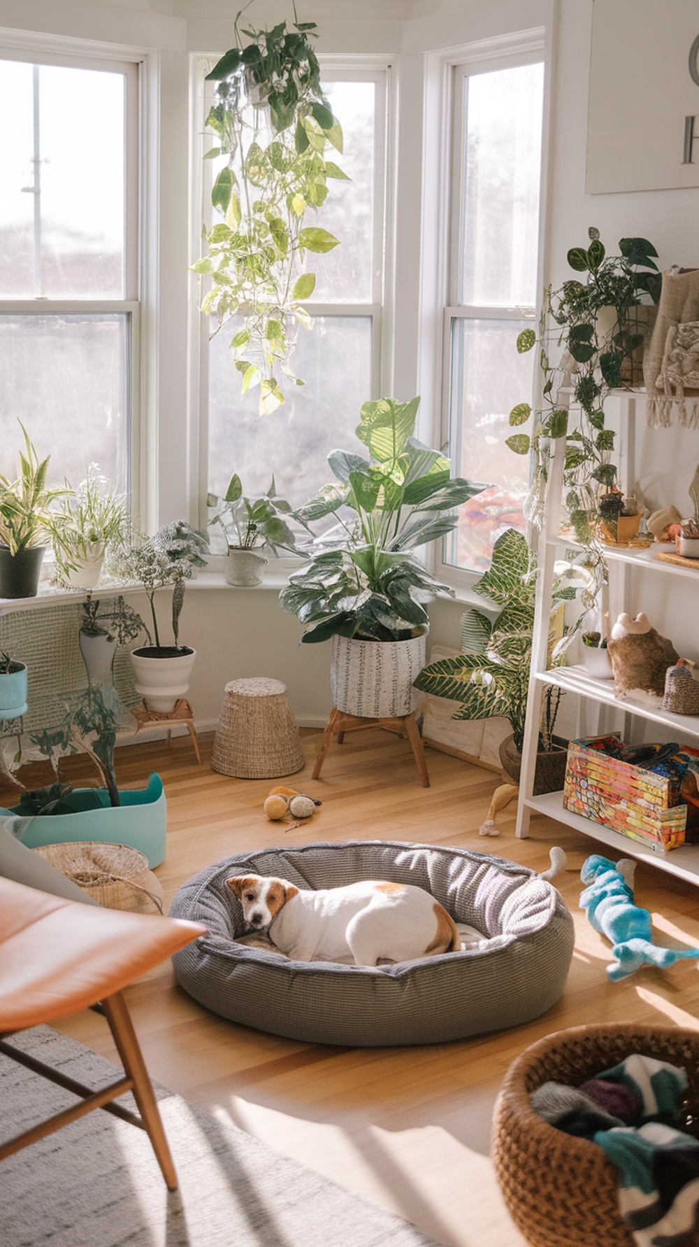 A pet-friendly sunroom with a dog resting in a cozy bed surrounded by plants and natural light.