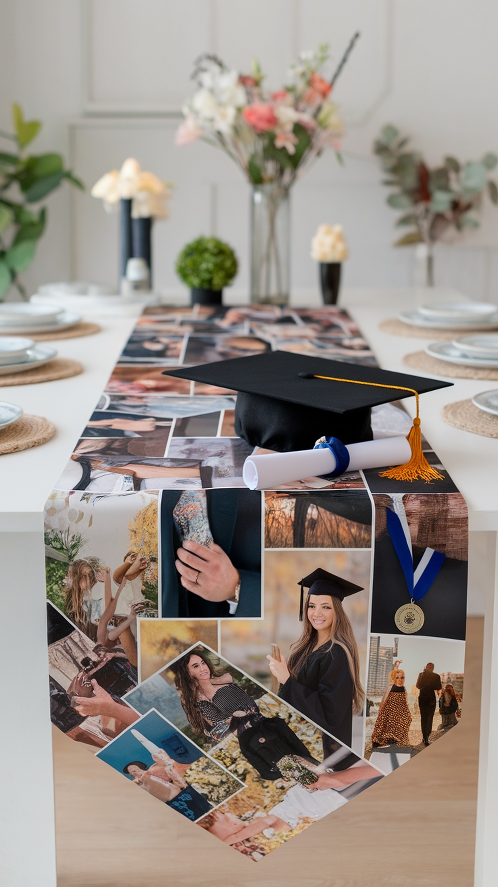 A table decorated with a photo collage runner, graduation cap, diploma, and flowers.