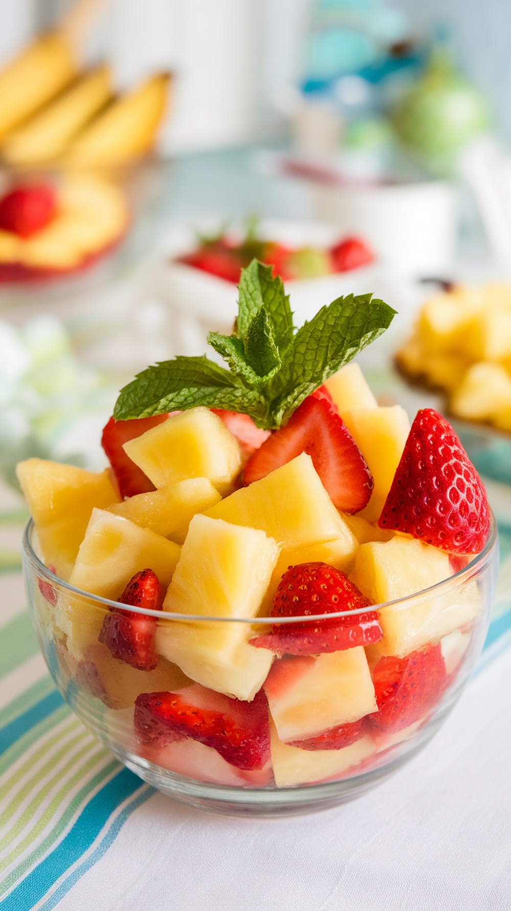 A clear bowl filled with pineapple and strawberry chunks, garnished with mint leaves, set against a colorful background.