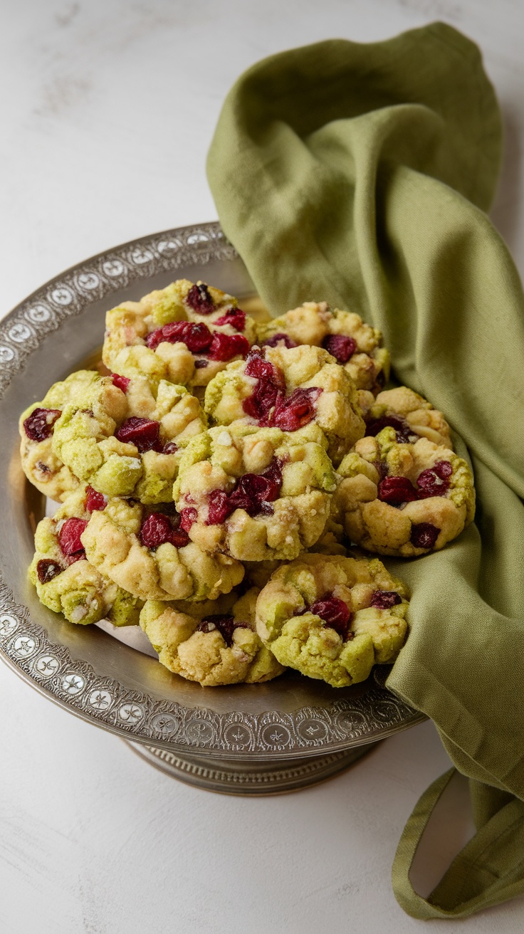 A silver platter filled with vibrant green pistachio and red cranberry cookies, topped with a soft green cloth.