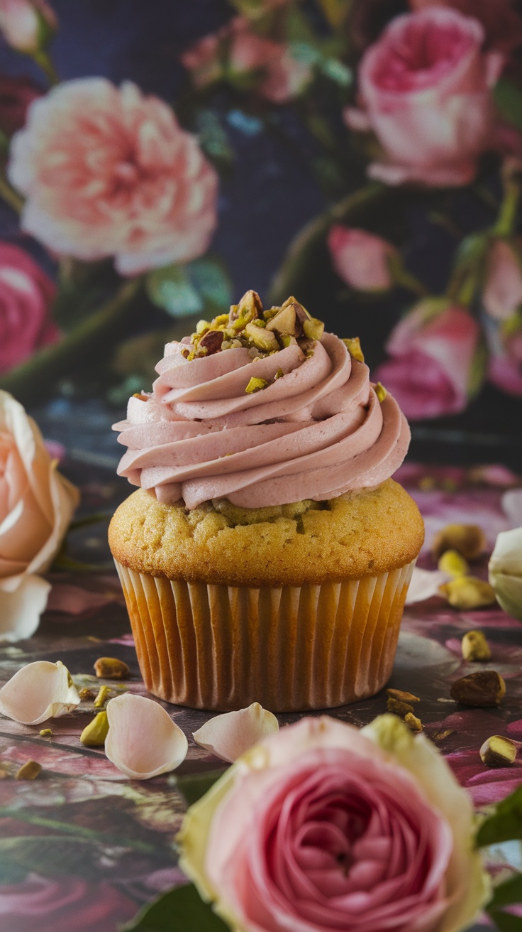 A pistachio rose cupcake with pink frosting and crushed pistachios on top, surrounded by pink roses and petals.