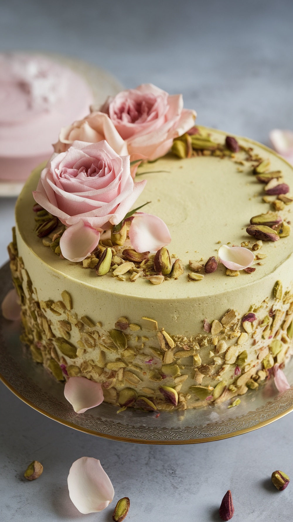 A beautifully decorated Pistachio Rose Water Cake topped with pink roses and crushed pistachios.
