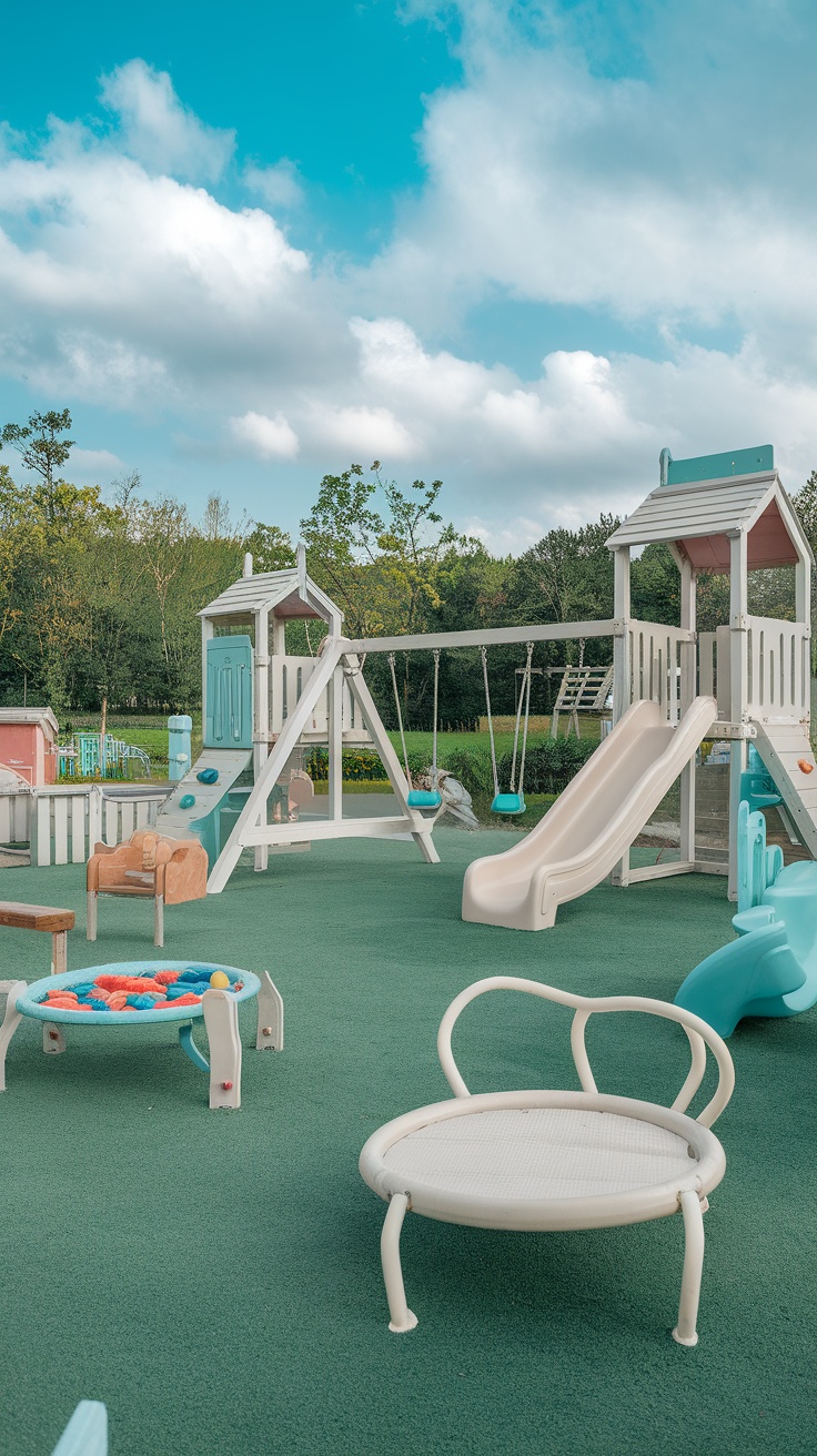 A colorful outdoor play area featuring swings, a slide, and climbing structures, surrounded by green cushioning.