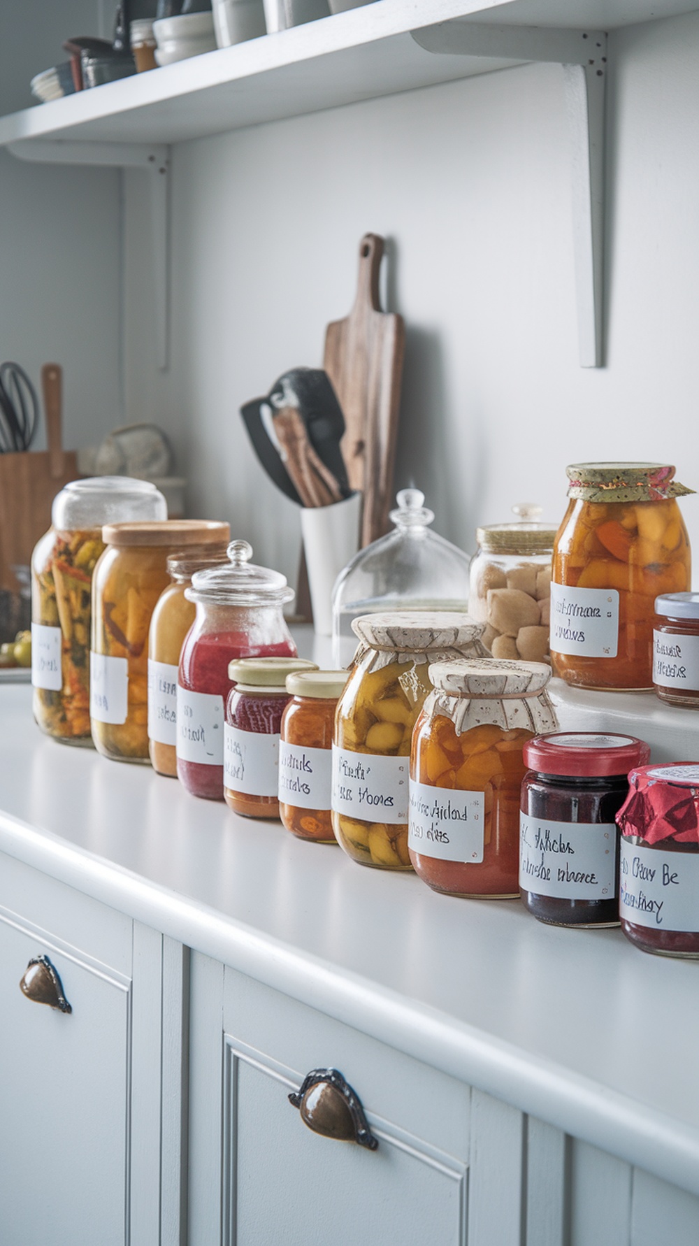 A cozy kitchen counter displaying jars of preserved foods, including colorful pickles and jams, labeled with handwritten notes.