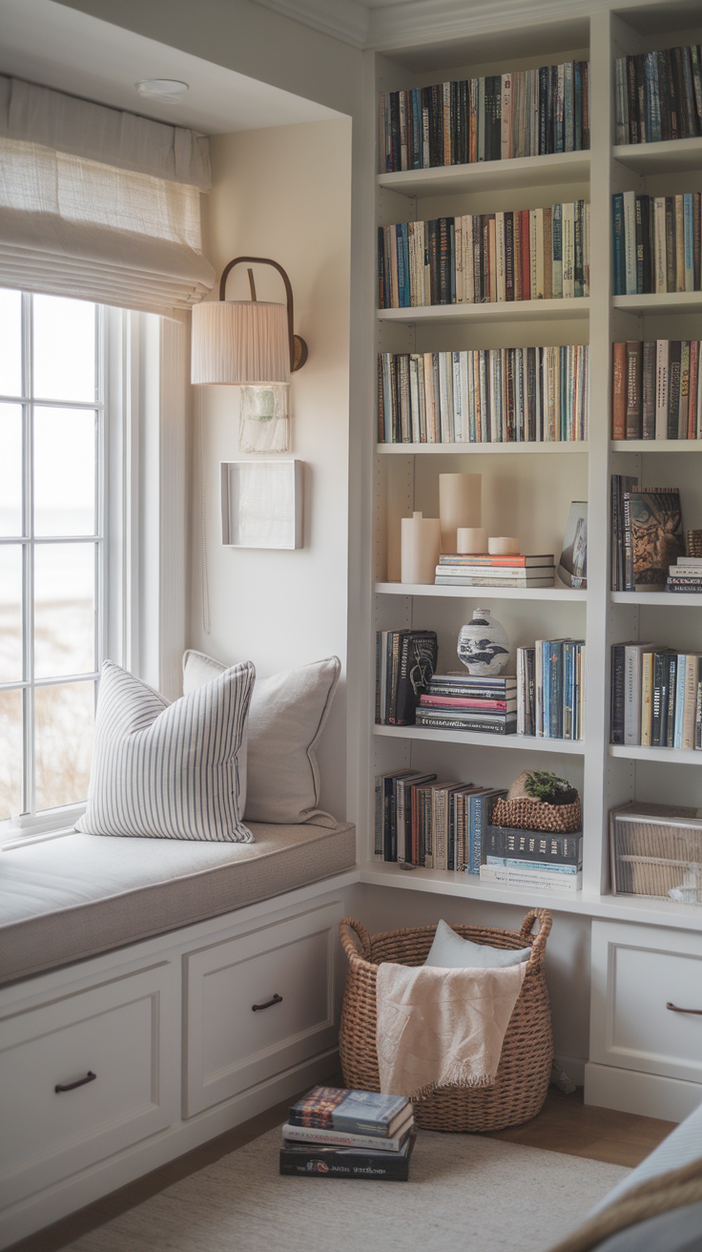 Cozy reading nook with a window seat, built-in bookshelves filled with books, and soft cushions.