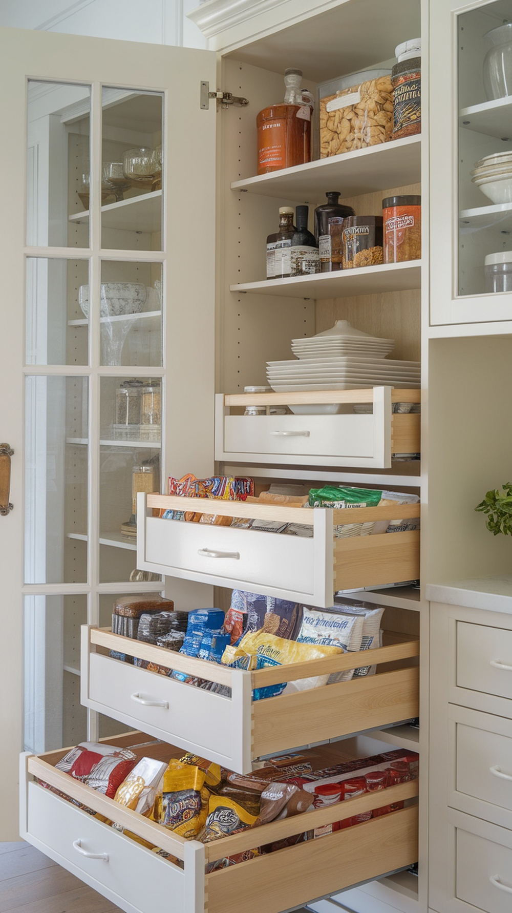 A well-organized pantry with pull-out drawers displaying snacks and ingredients.