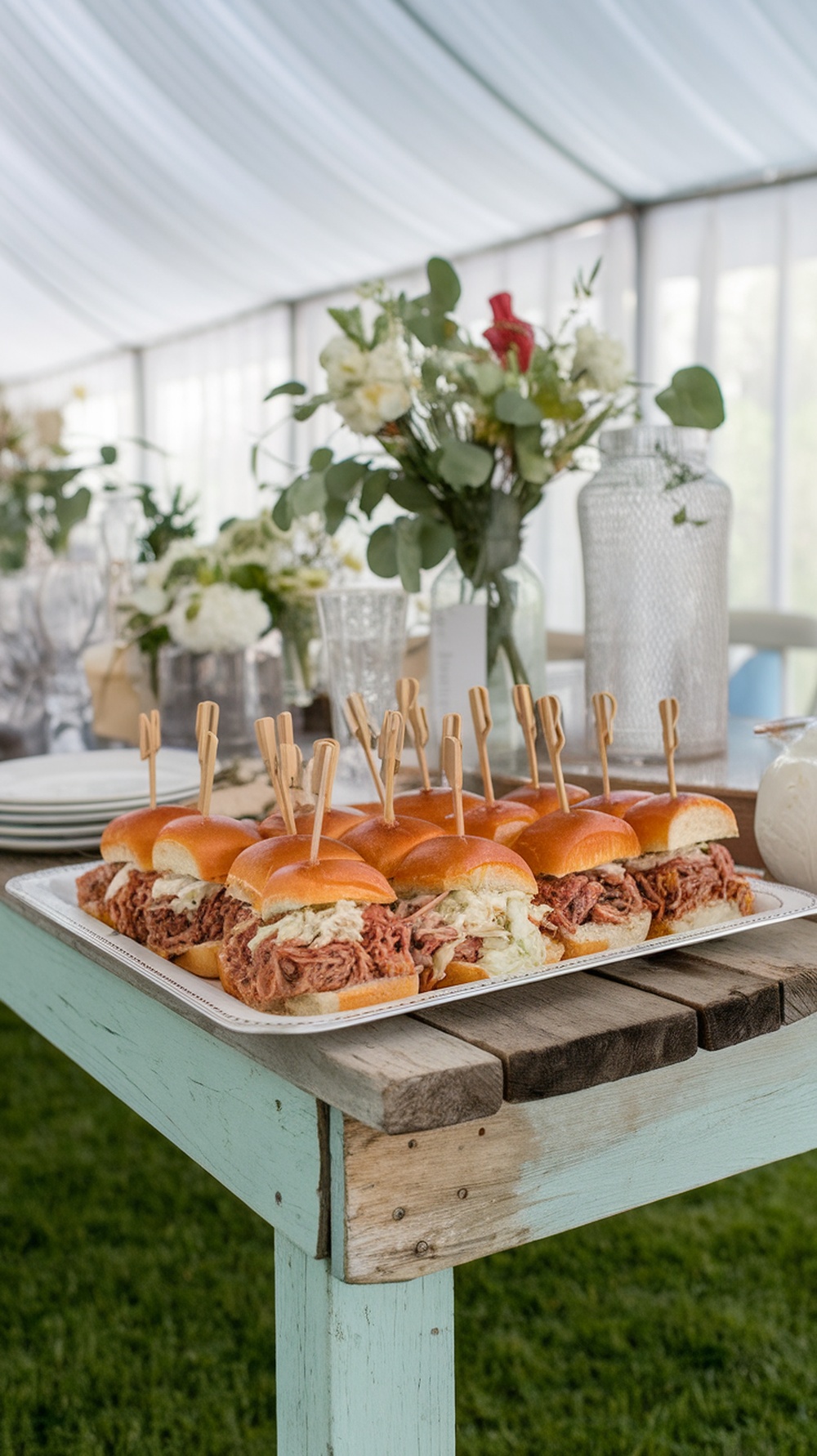 A platter of pulled pork sliders with toothpicks on a rustic table, surrounded by flowers.