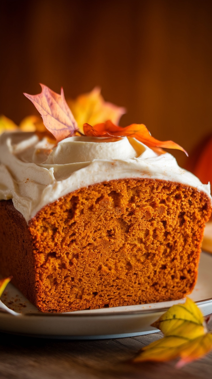 A loaf of pumpkin spice bread topped with frosting and autumn leaves, showcasing a rich, warm color.