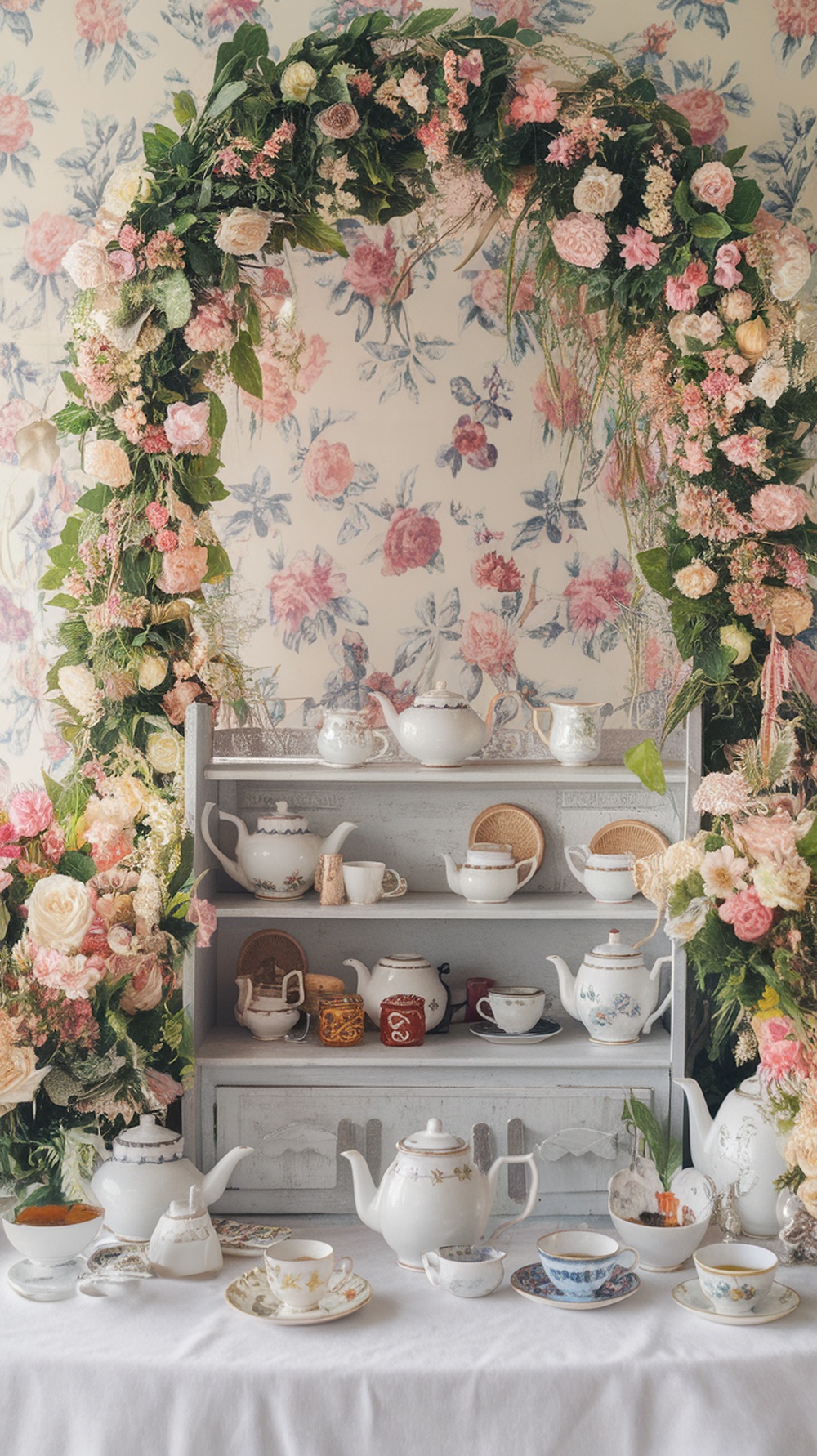 A quaint tea station featuring floral decorations and an assortment of teapots and teacups.