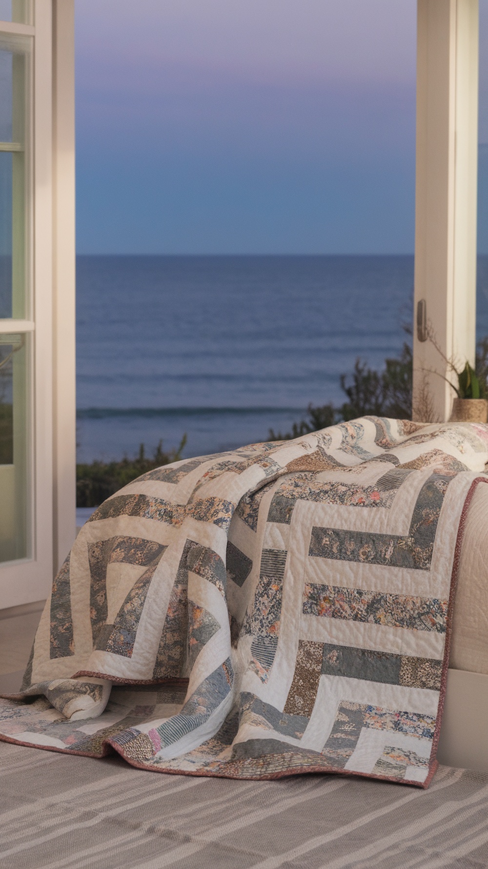 A quilted throw draped over a couch with an ocean view at dusk.