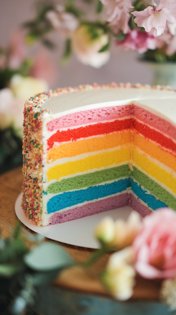 A vibrant rainbow layer cake with various colored layers, decorated with frosting and sprinkles.