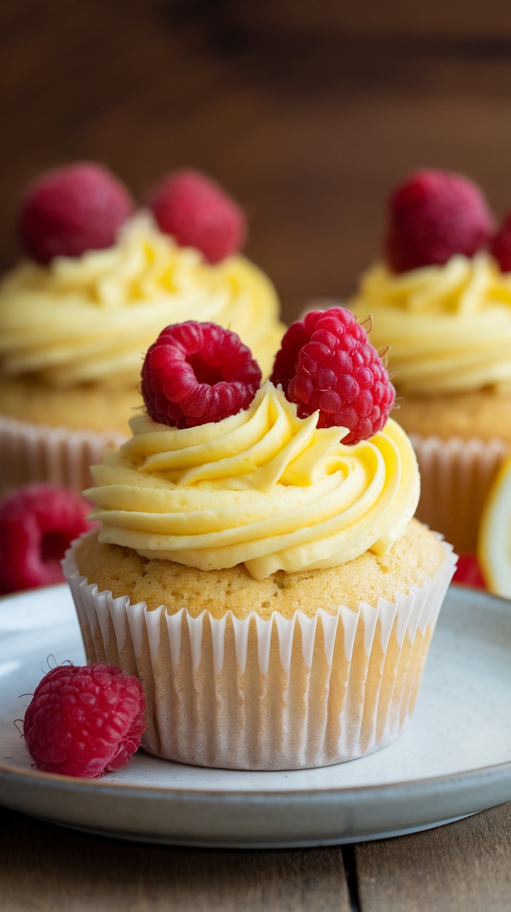 Raspberry lemonade cupcakes with lemon frosting and fresh raspberries on top