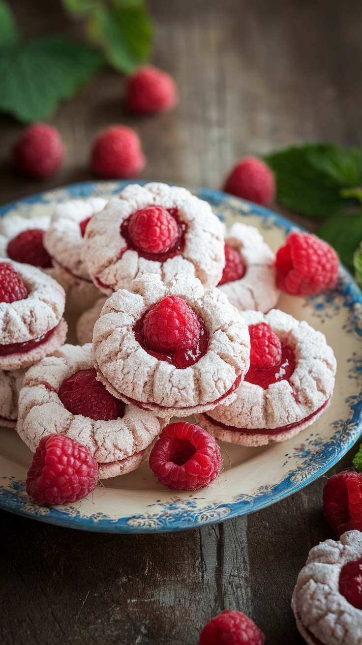 A plate of raspberry thumbprint cookies, dusted with powdered sugar and topped with fresh raspberries.