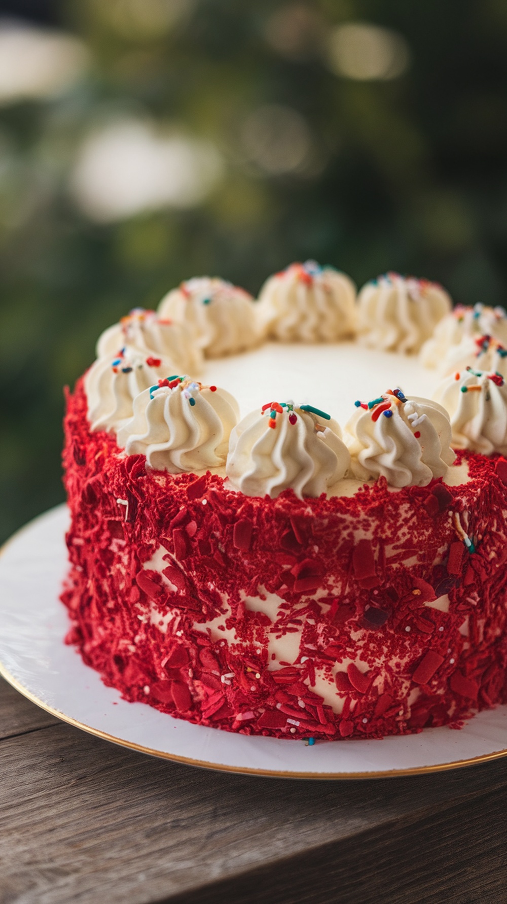 A beautifully decorated red velvet cake with creamy frosting and colorful sprinkles on top.
