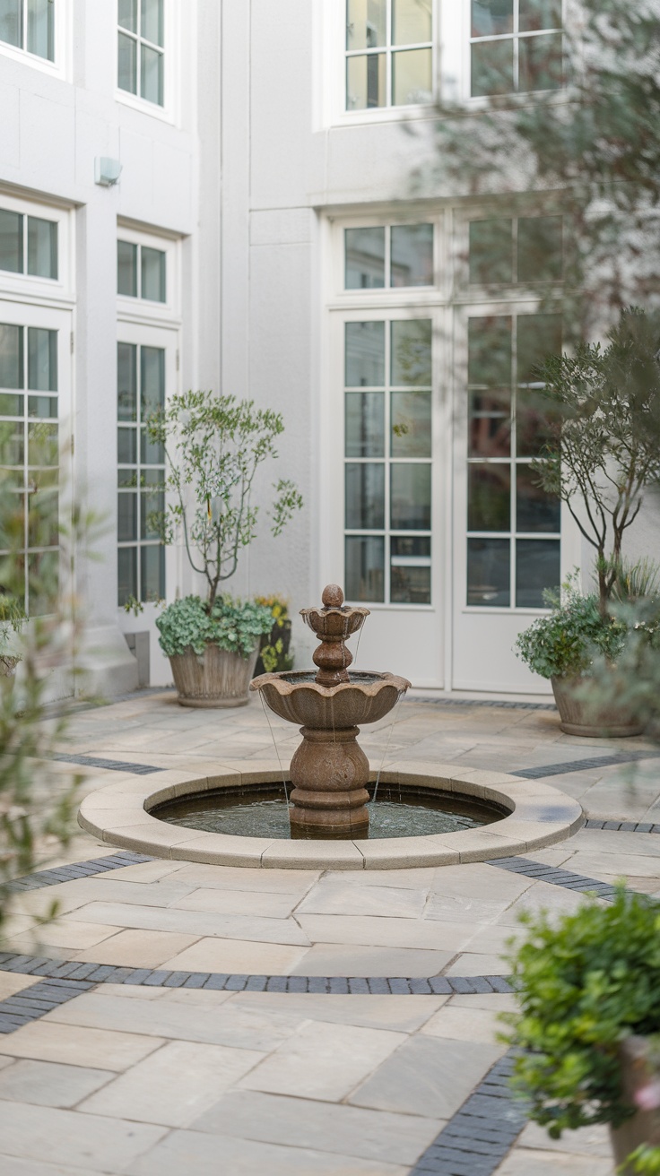 A beautiful patio fountain surrounded by plants and windows