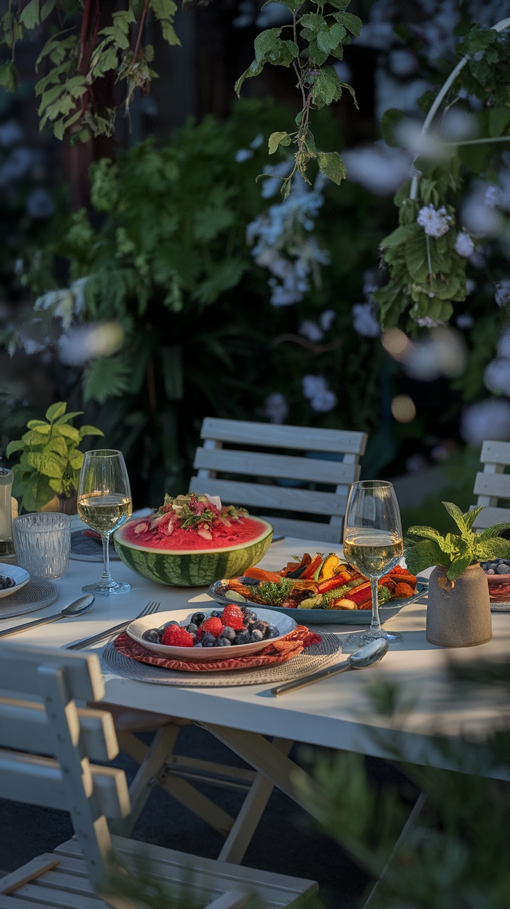 An outdoor dining setup featuring a watermelon salad, colorful grilled vegetables, and mixed berries on a white table surrounded by lush greenery.