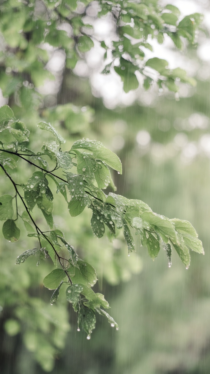 Fresh green leaves with droplets of rain on them, capturing the essence of spring.