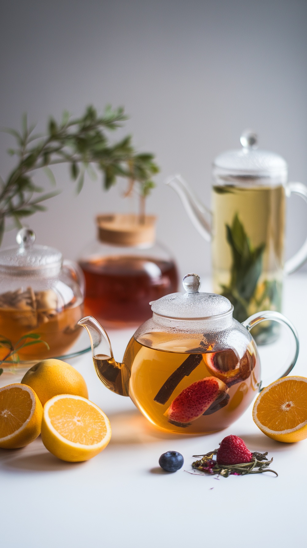 A collection of colorful tea infusions with fruits and herbs, highlighting a vibrant high tea setting.
