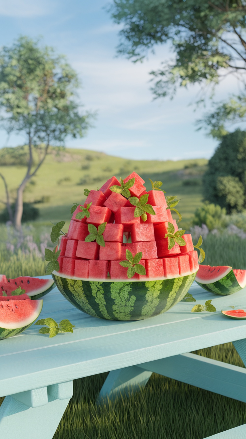 A beautifully arranged bowl of watermelon cubes topped with fresh mint leaves, set on a picnic table in a lush green outdoor setting.