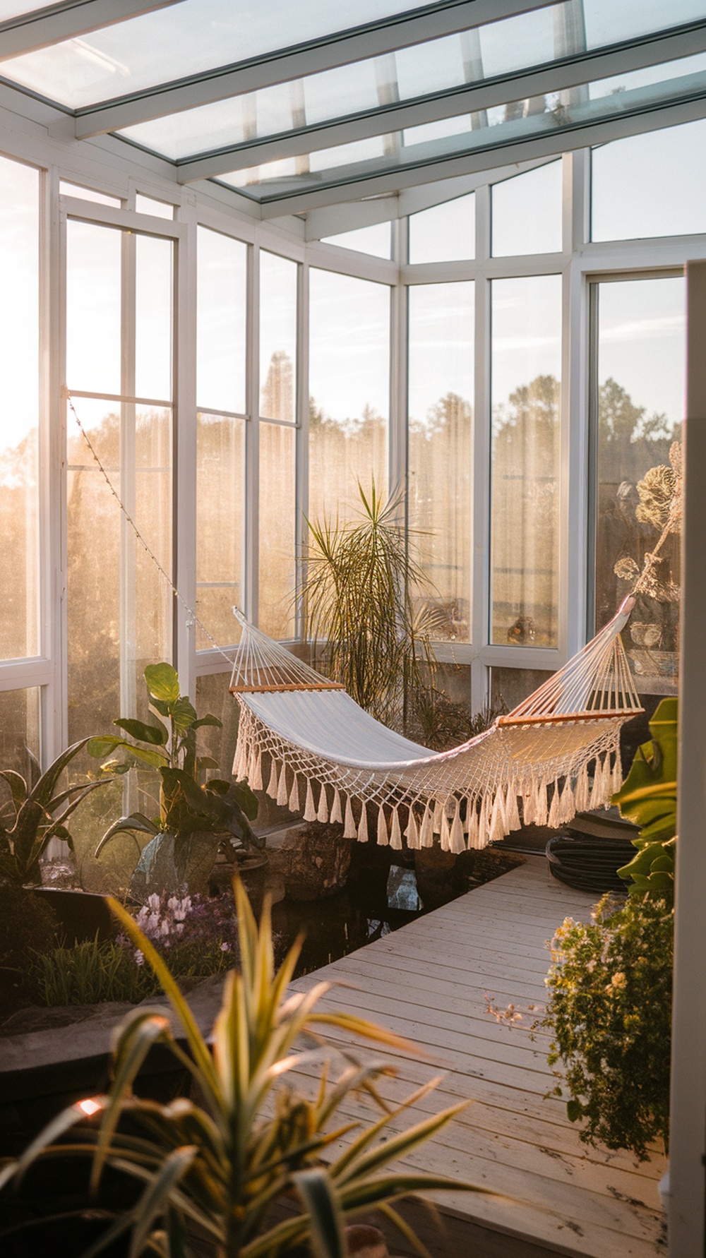 A cozy hammock in a sunroom surrounded by plants and glass walls, illuminated by sunlight.