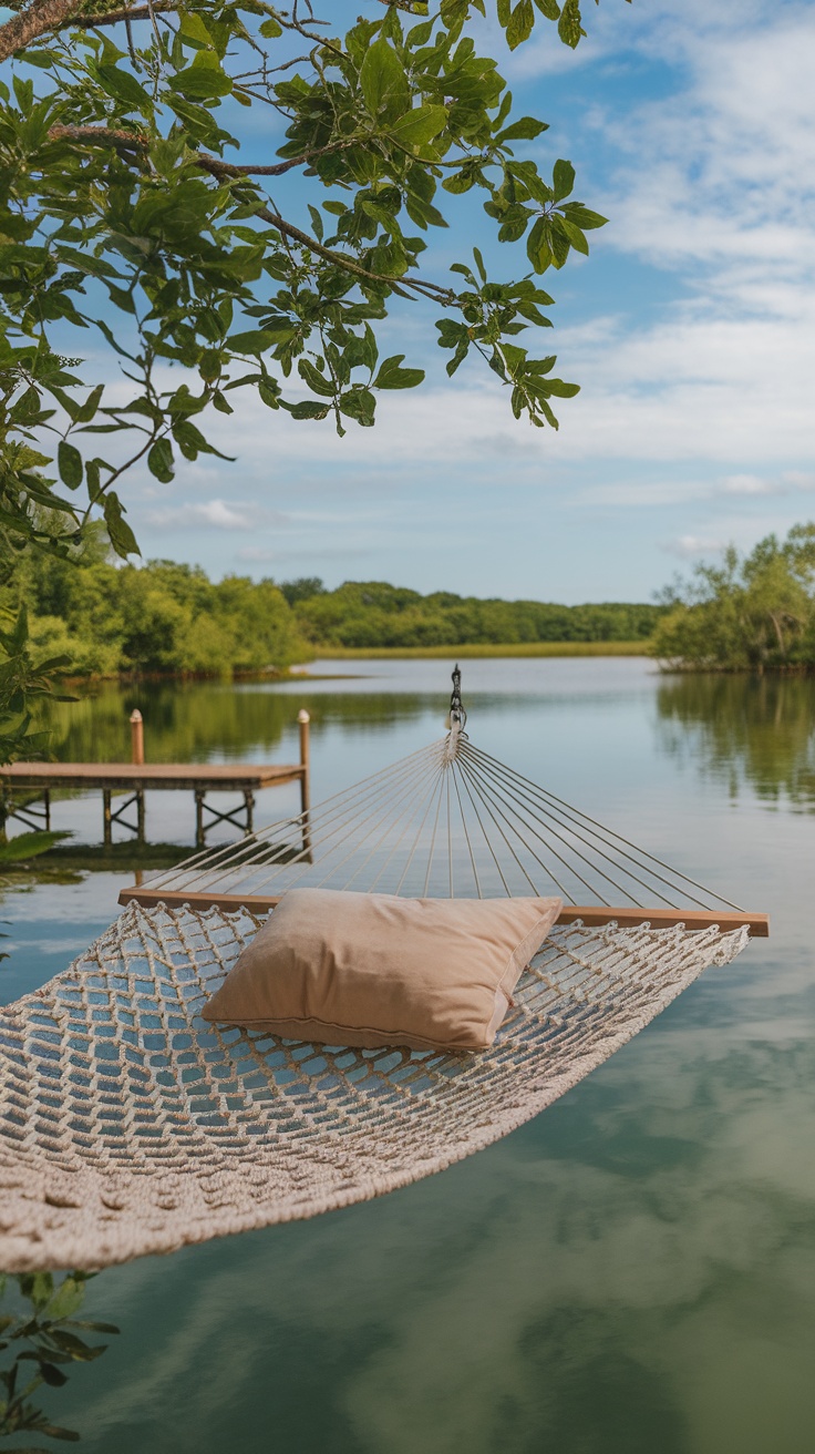 Hammock by the lake with a pillow, surrounded by greenery and water.