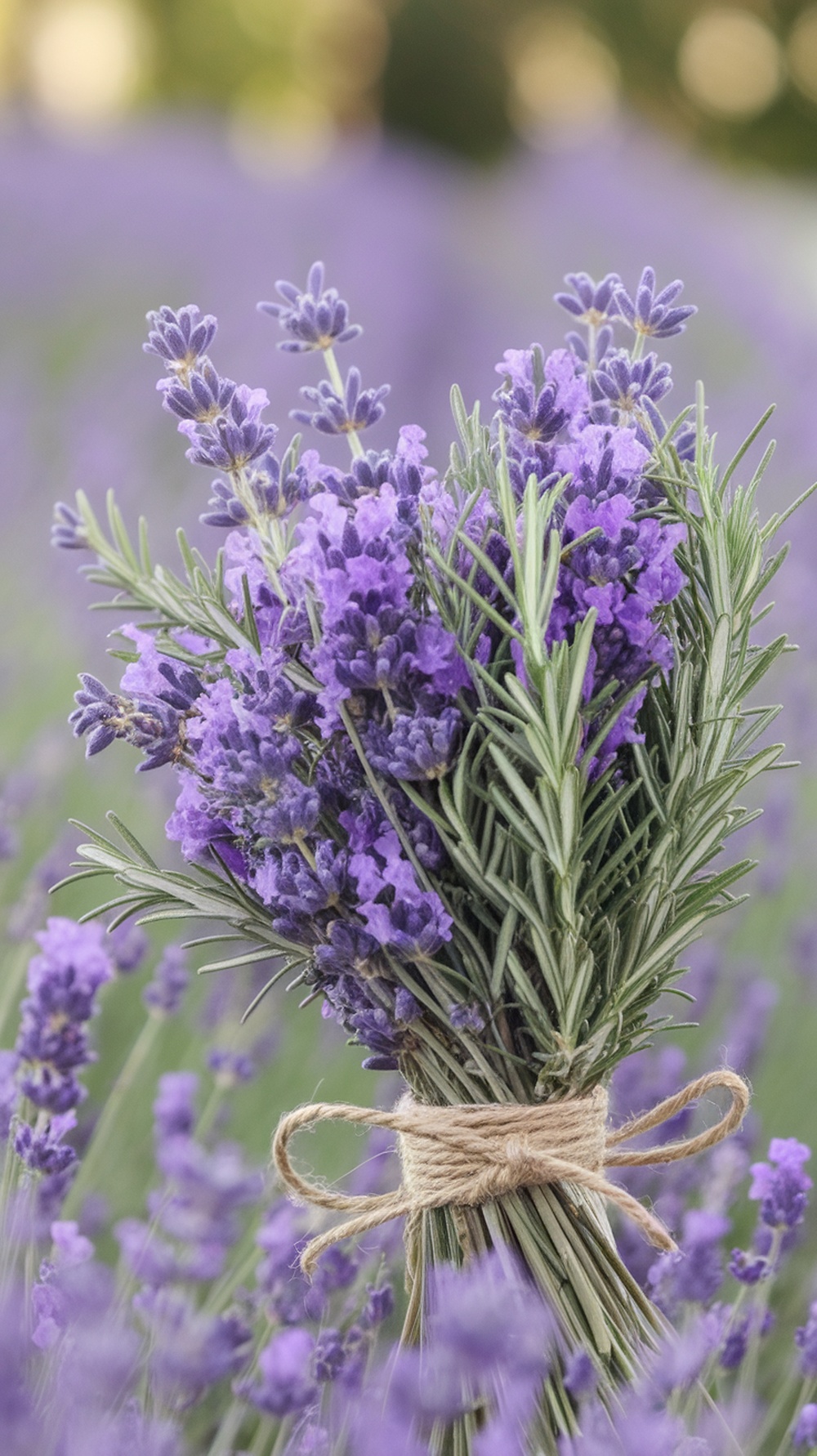 A bouquet of lavender and rosemary tied with twine, set against a field of lavender flowers.