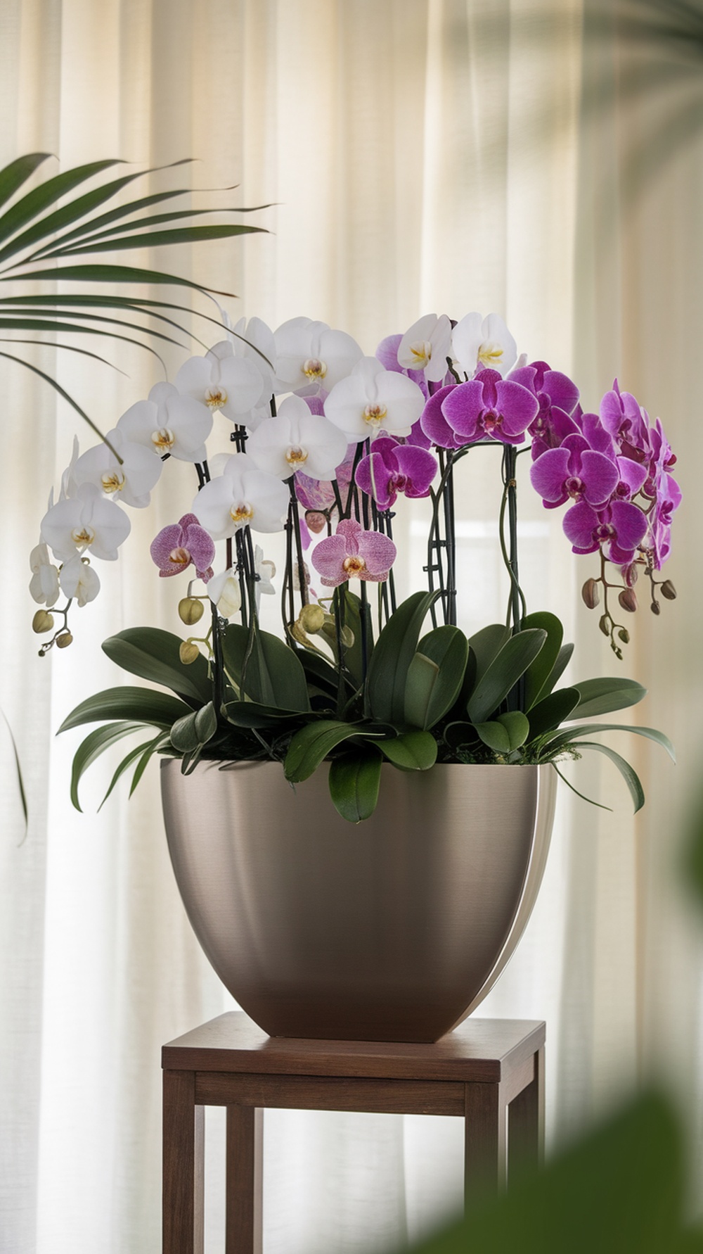 A beautiful arrangement of white and purple orchids in a modern pot.