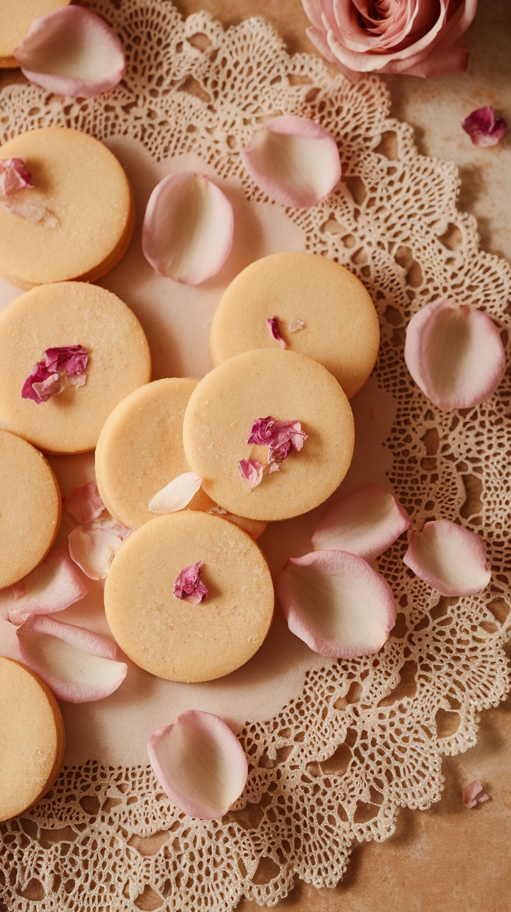 Rose-flavored shortbread cookies arranged on a lace doily with rose petals