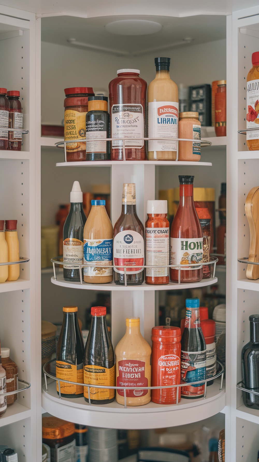 A pantry with a rotating organizer filled with various sauces and condiments, showcasing neat organization.