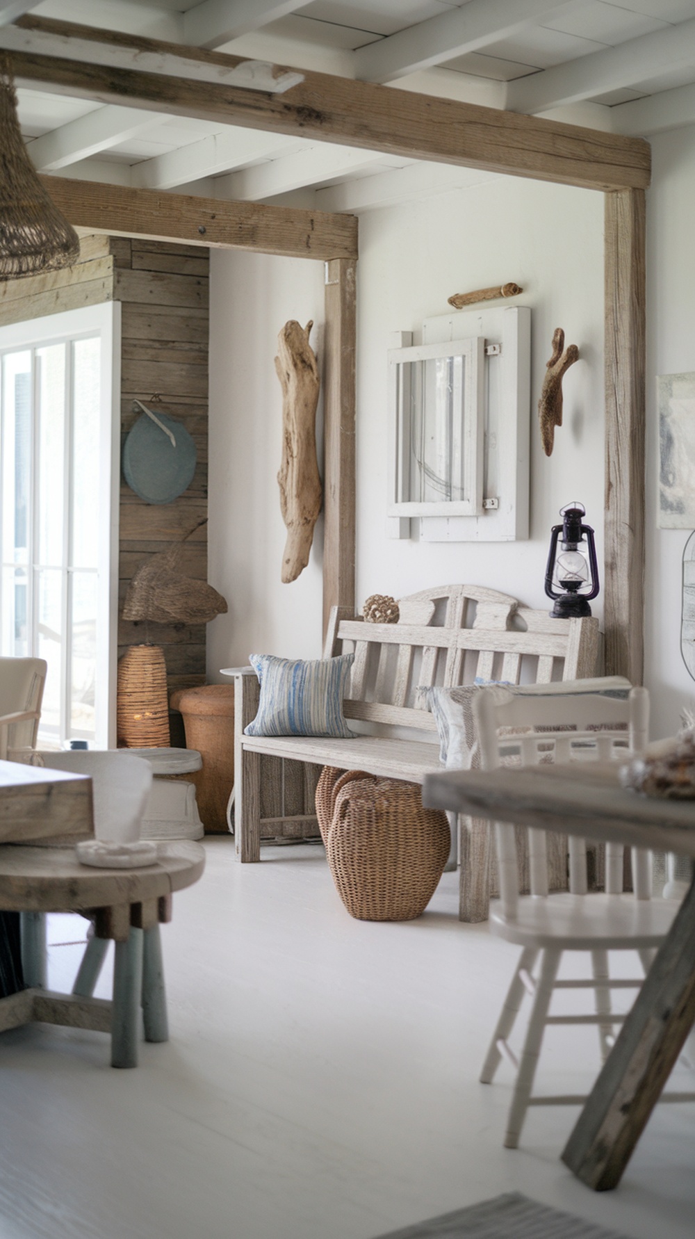 Interior of a rustic beach house featuring a wooden bench, woven baskets, and natural decor.