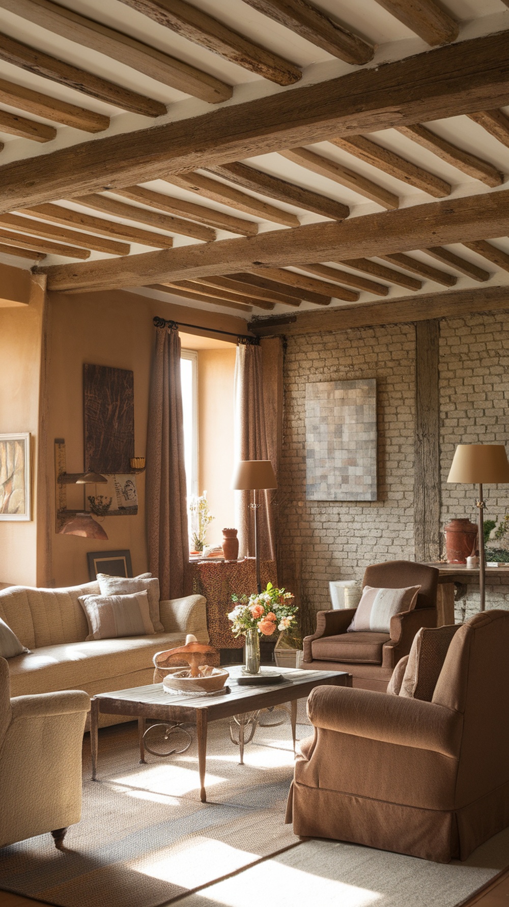A cozy French country living room with rustic wooden beams and warm tones, featuring comfortable seating and natural light.