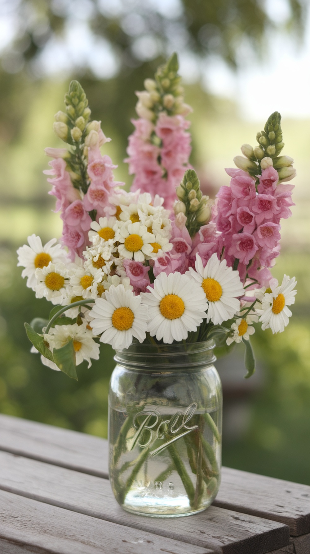 A rustic bouquet of mixed blooms featuring pink snapdragons and white daisies in a mason jar.