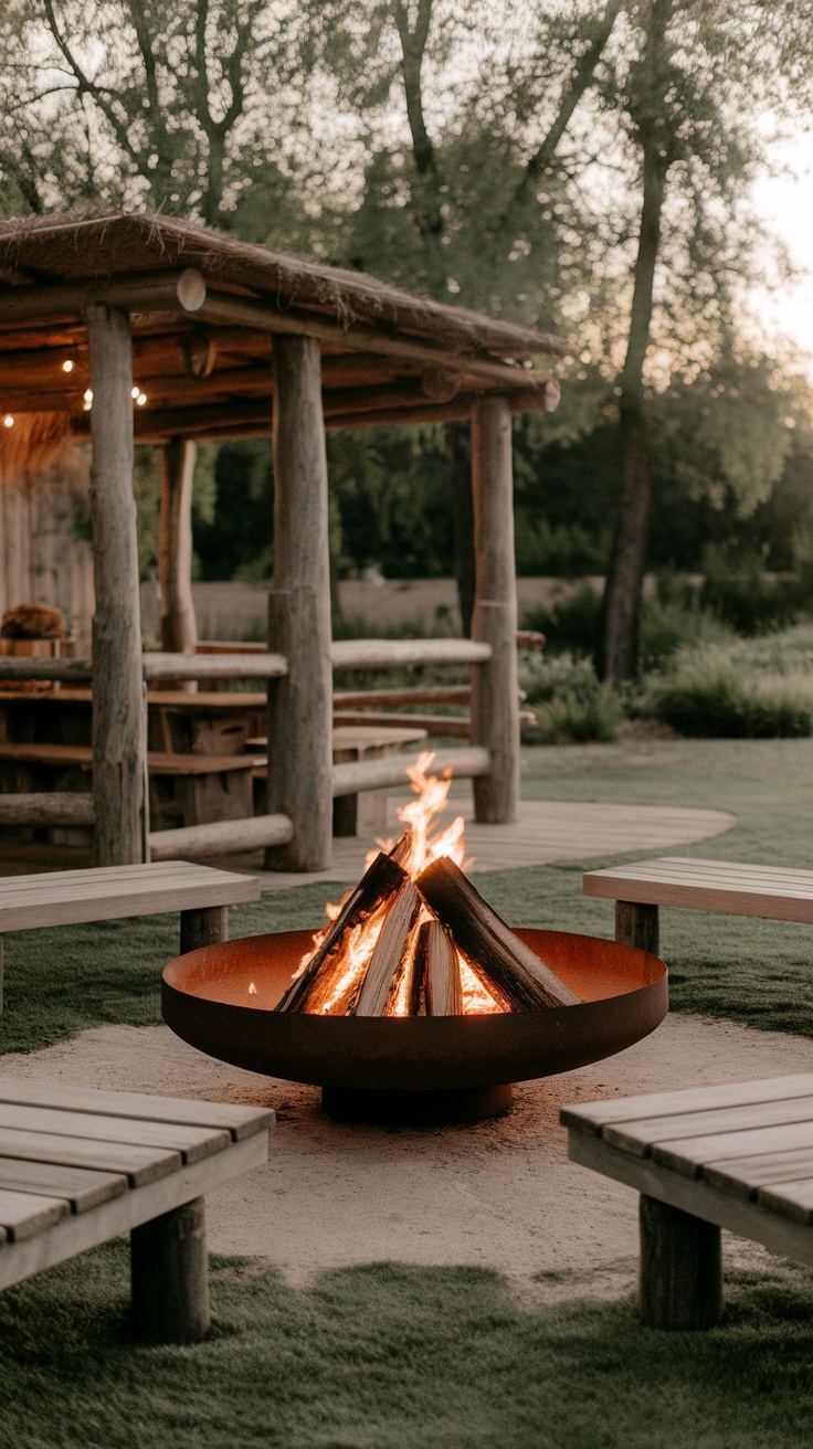 Rustic fire pit surrounded by wooden benches in a cozy outdoor setting