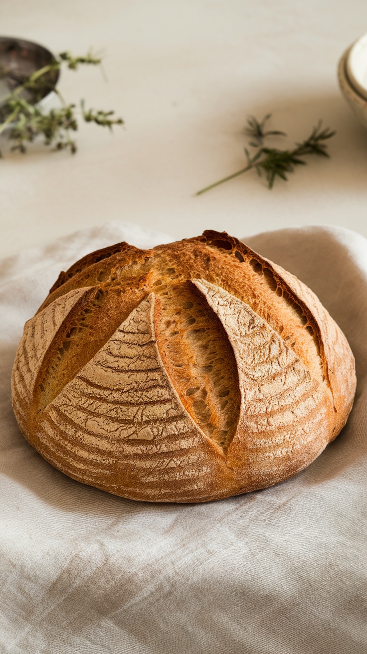 A round loaf of rustic whole wheat bread with a golden crust and scoring on top, resting on a linen cloth.