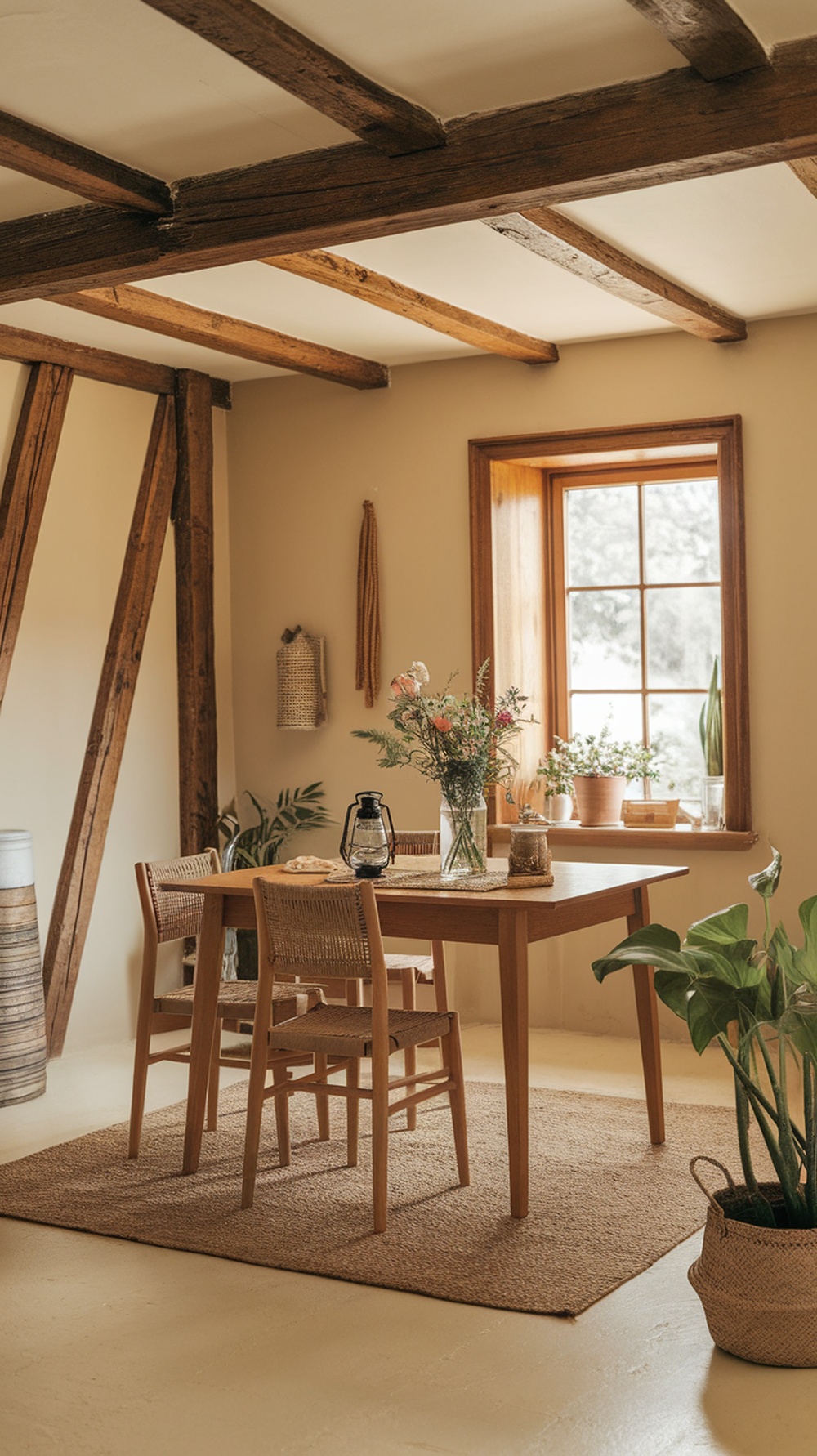 Interior of a vintage cottage with rustic wooden beams, a wooden table, and plants.