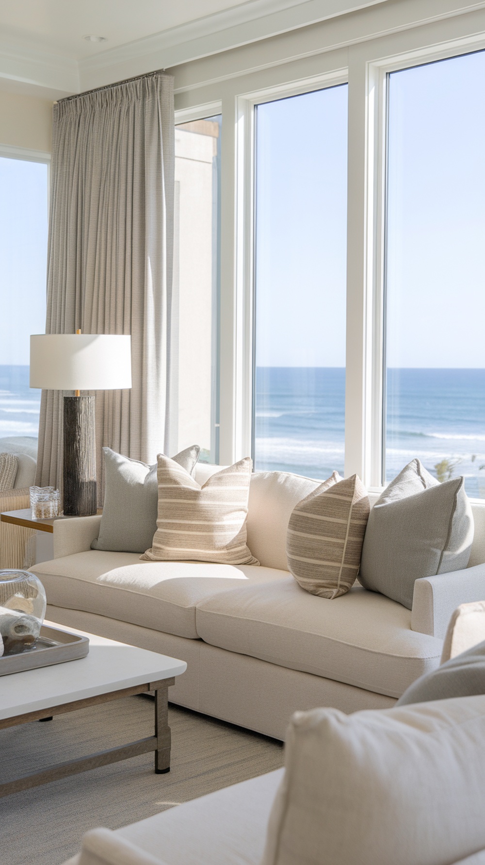 Modern coastal living room with sandy beige accents, featuring a plush sofa and light curtains.