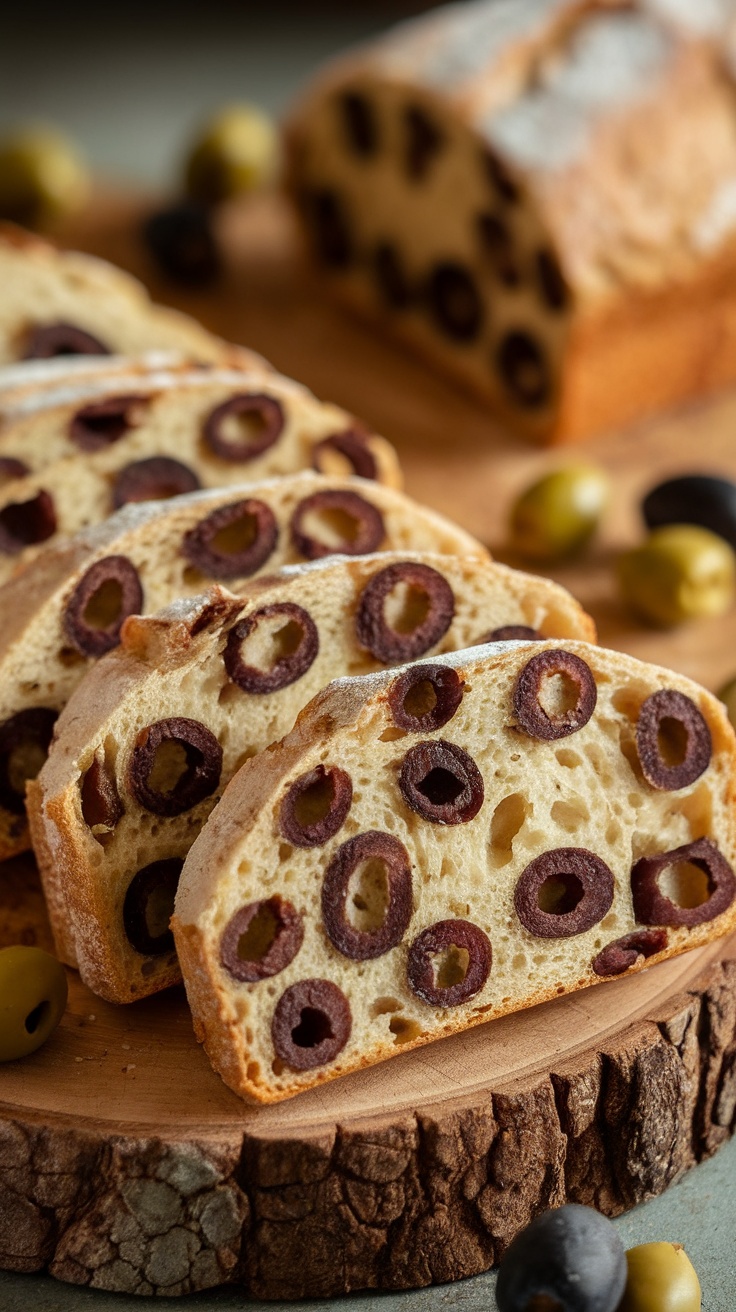 Slices of savory olive bread showcasing olives throughout the loaf on a wooden board