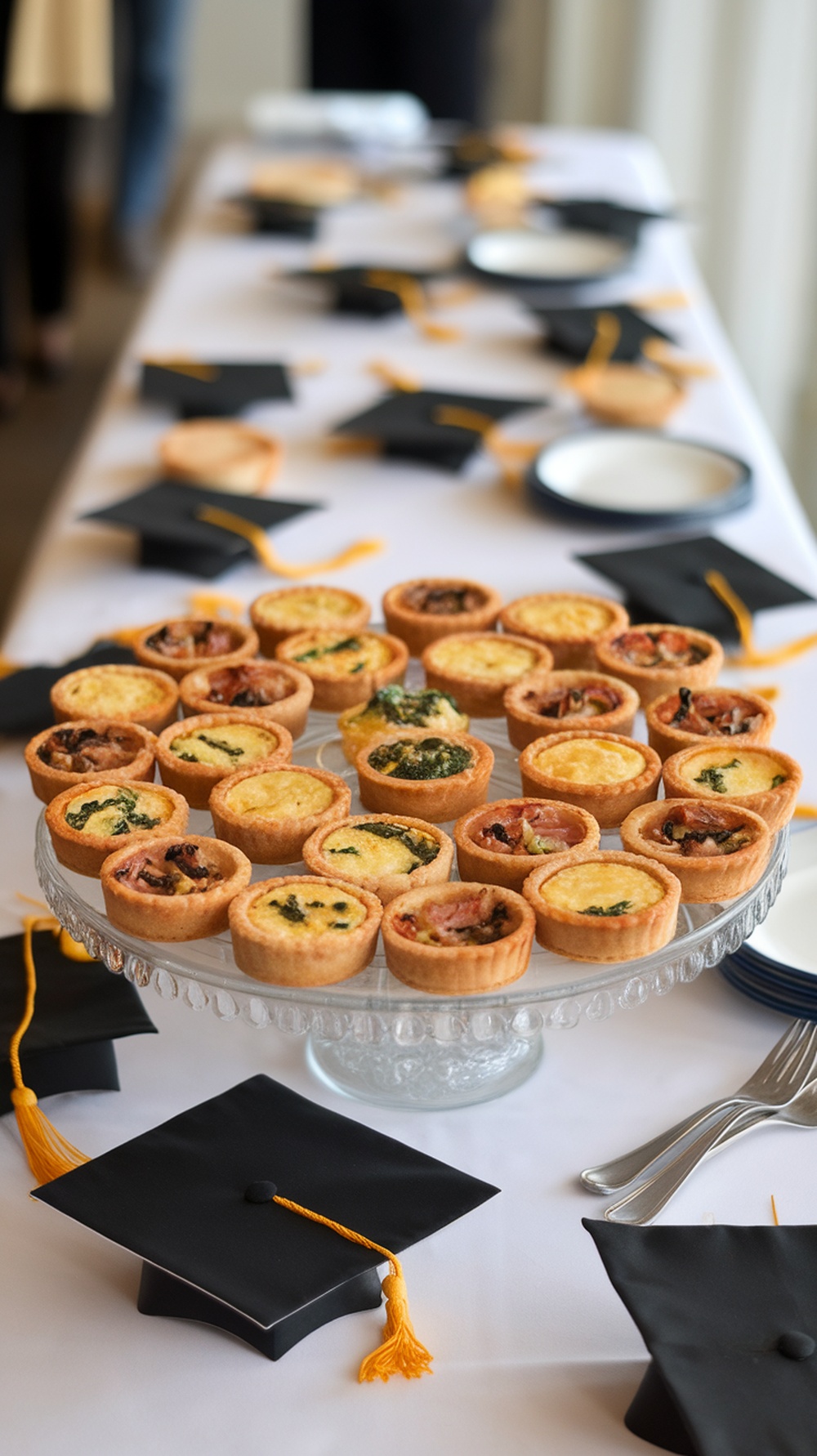 A display of savory quiche bites on a glass platter at a graduation party, surrounded by graduation caps.