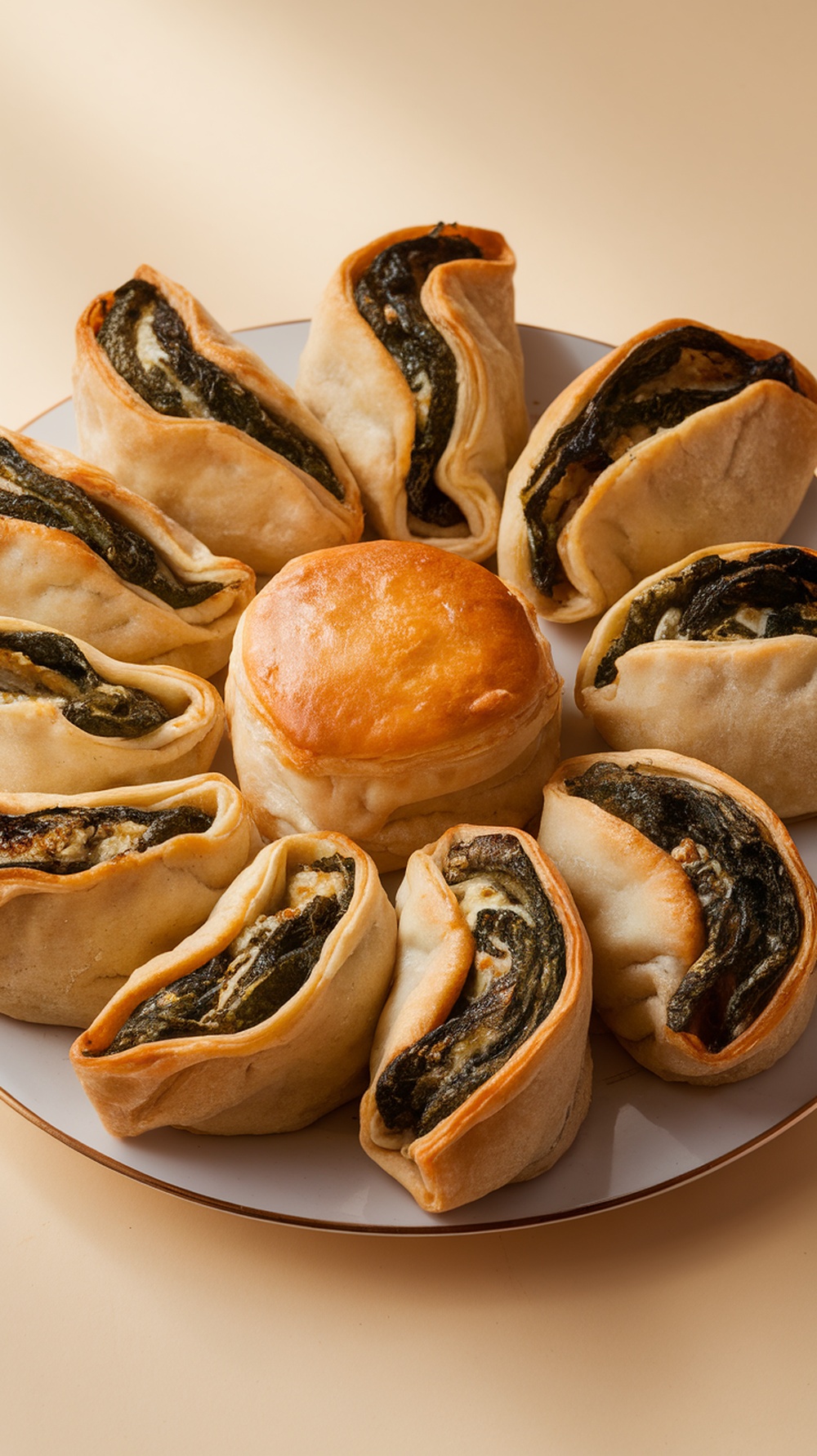 A platter of spinach and feta pastries arranged in a circular pattern, with a center pastry, on a light background.