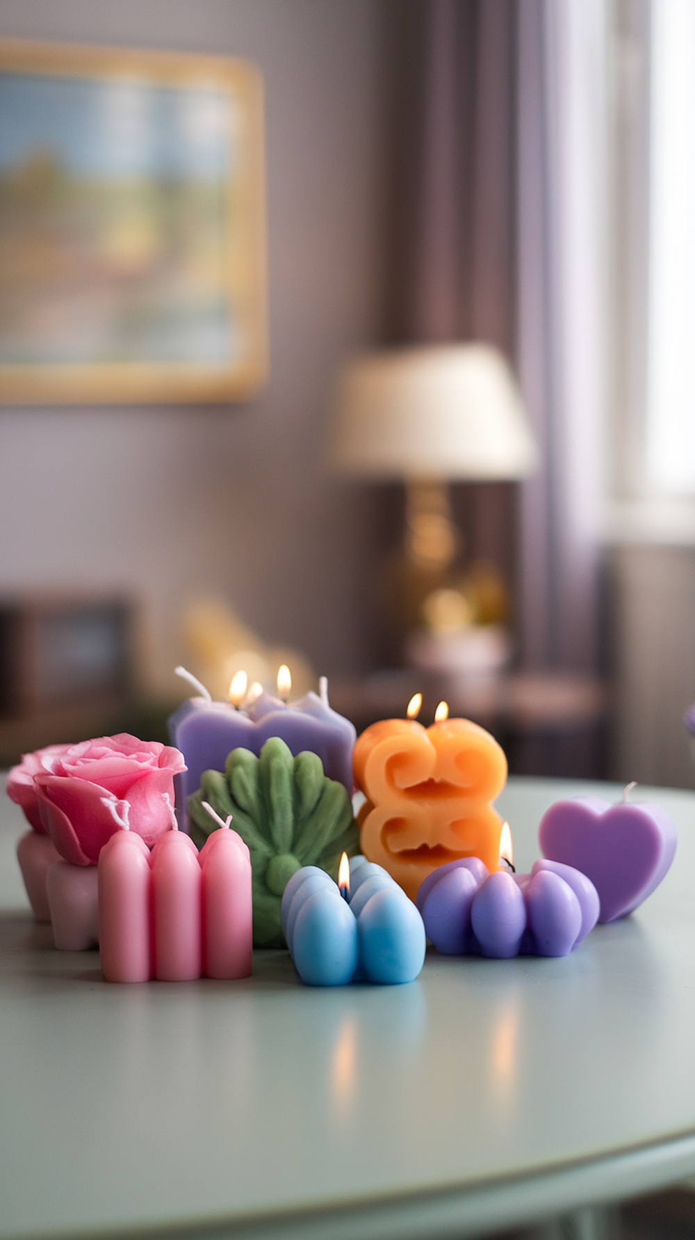 Colorful scented candles arranged on a table.