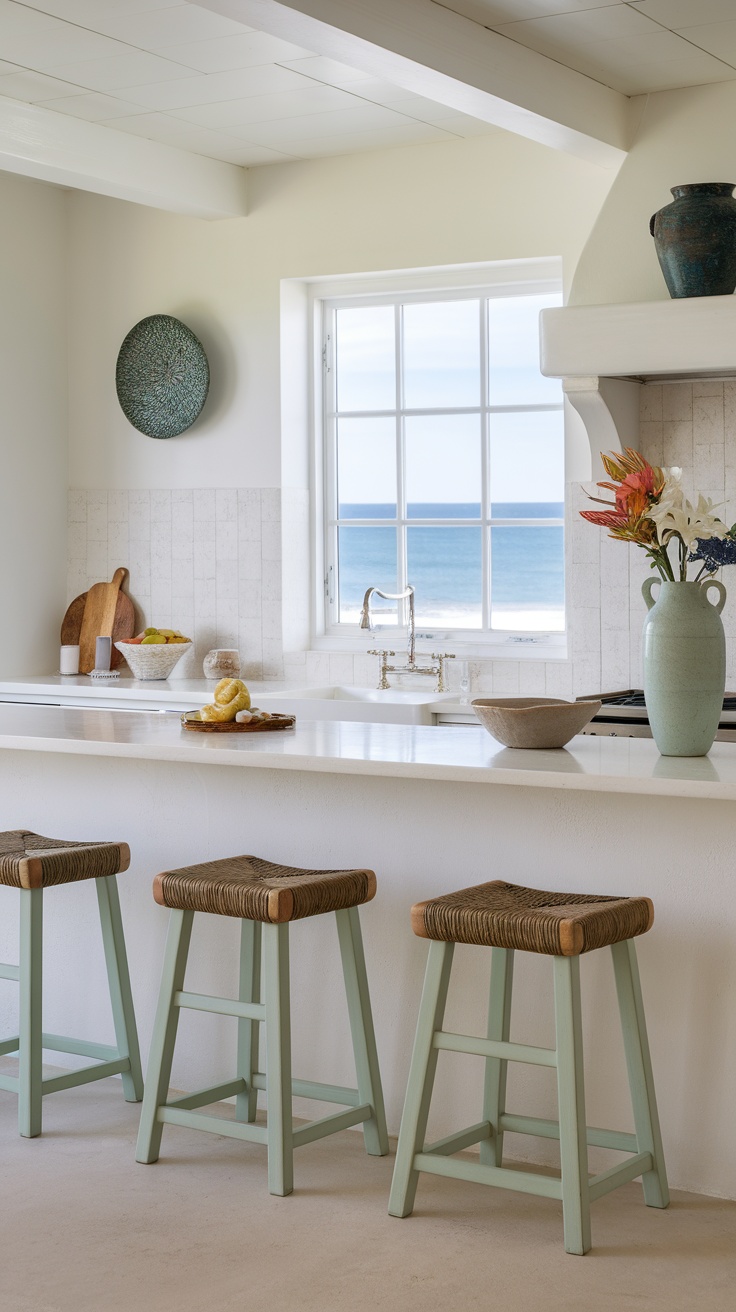 A coastal kitchen featuring seafoam green accents in the bar stools, with a view of the ocean in the background.