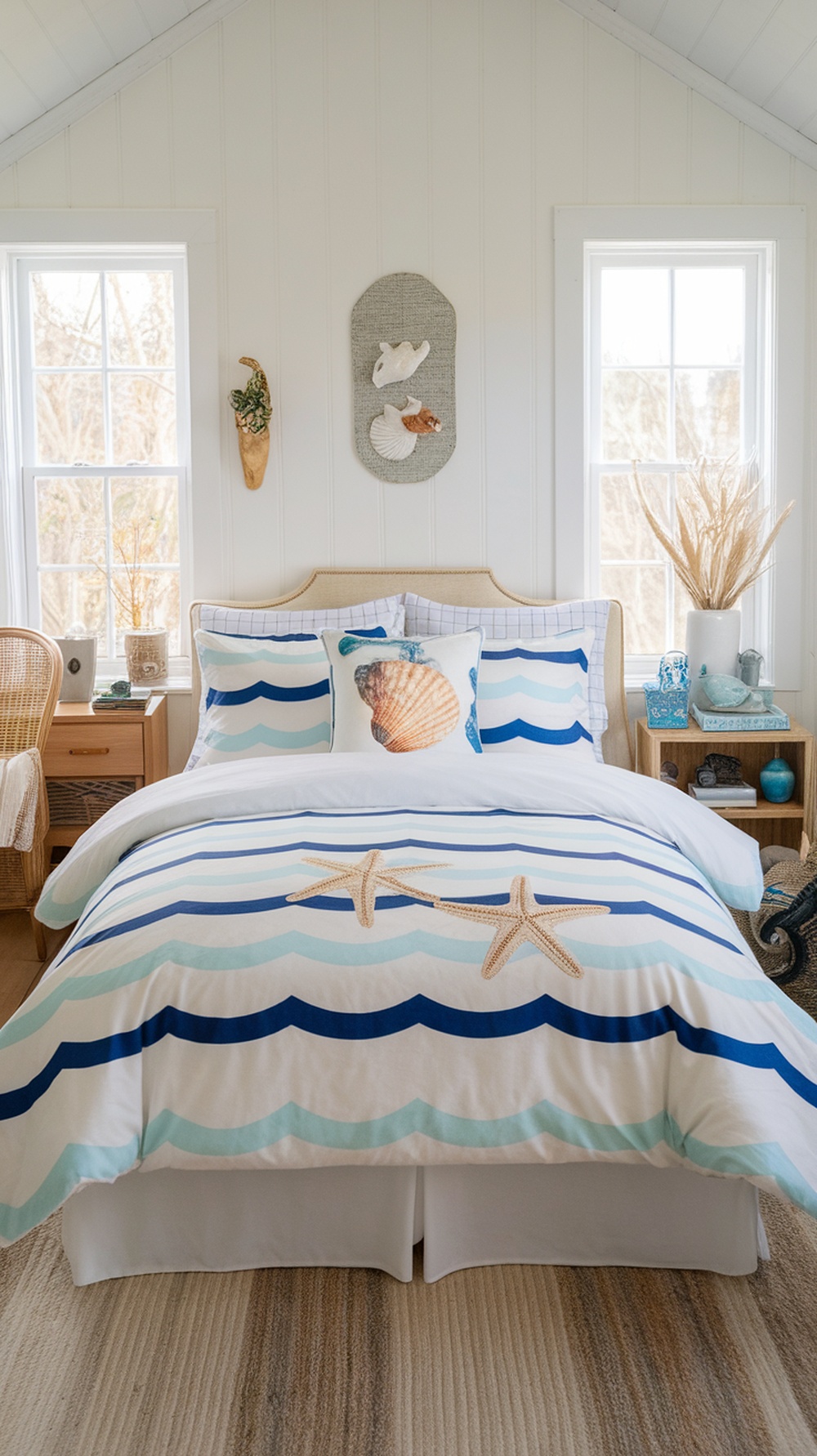 Coastal bedding with seashell and starfish embellishments, featuring soothing colors and a beach theme.