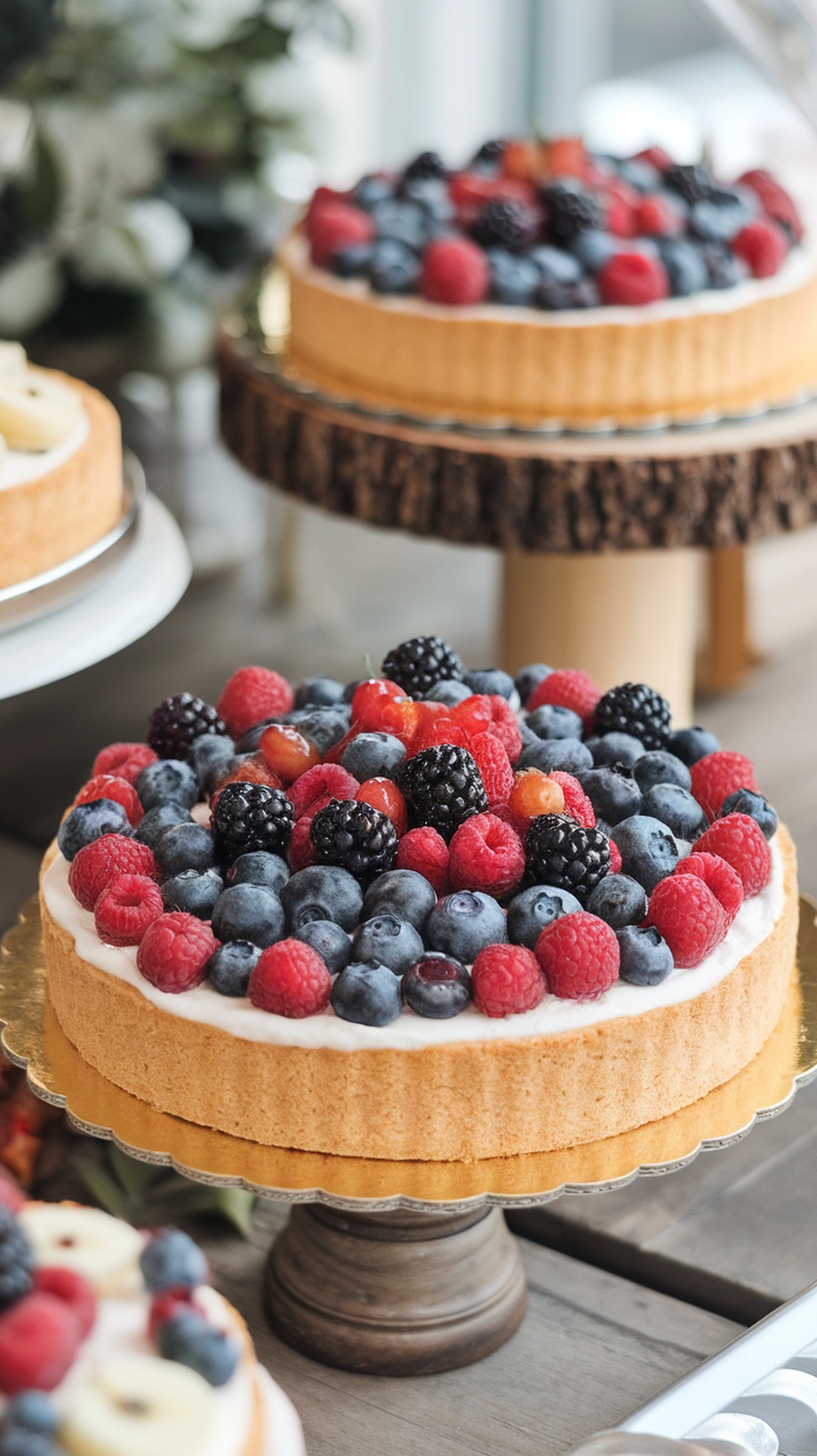 A delicious seasonal berry tart topped with blueberries, raspberries, and blackberries on a wooden table.
