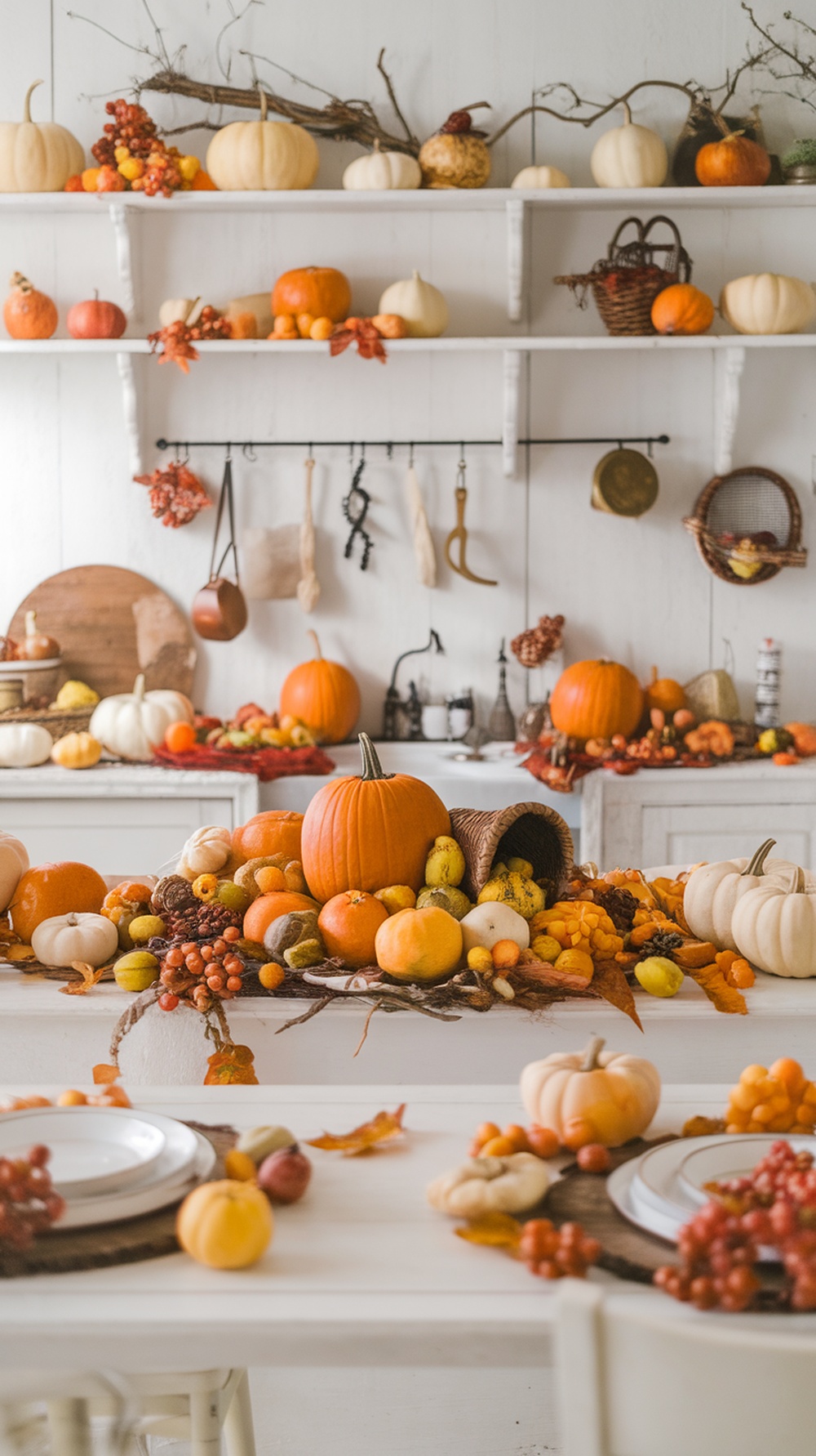 A cozy cottage core kitchen decorated with seasonal pumpkins and colorful fruits.