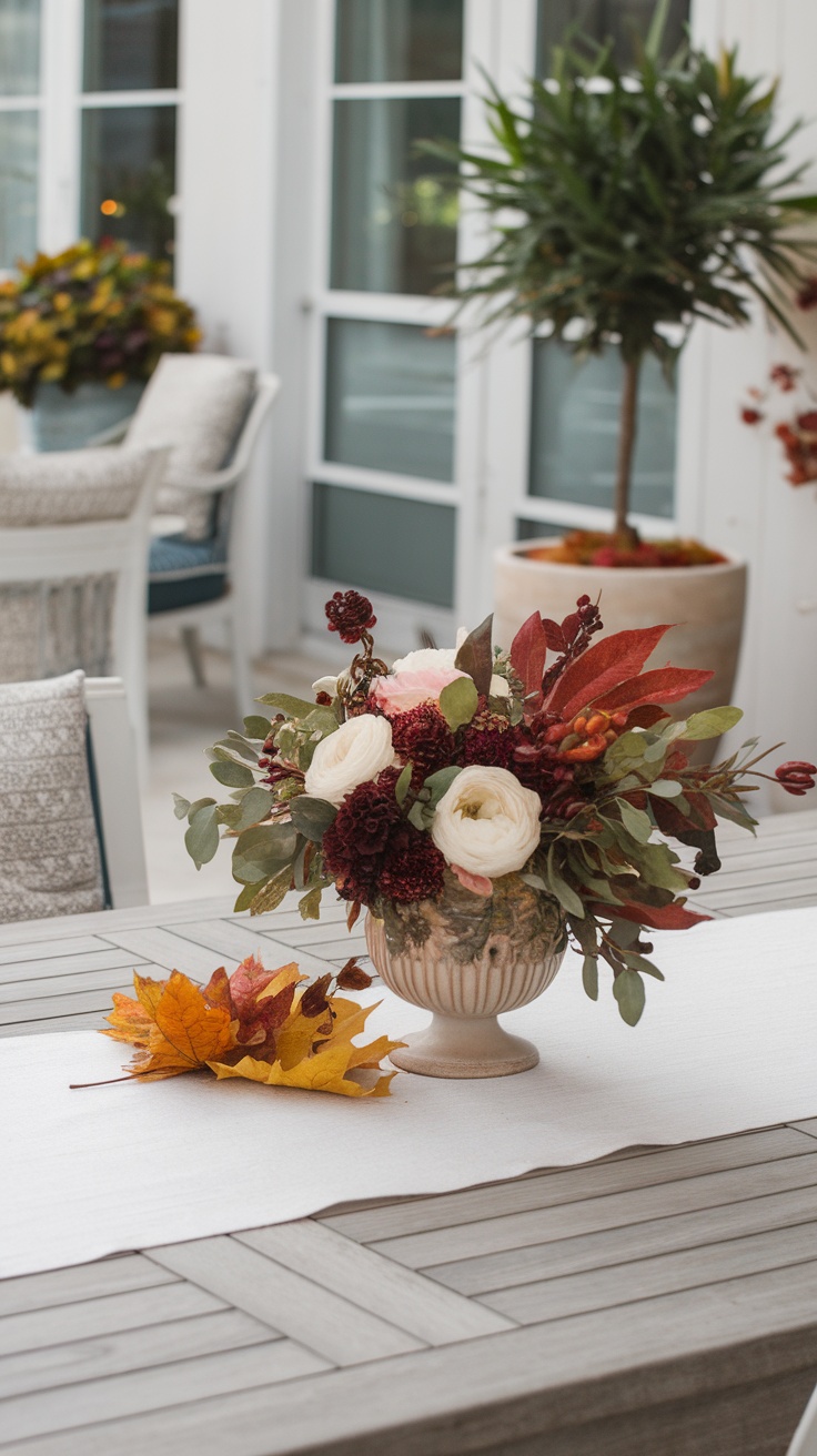 A decorative flower arrangement on a patio table surrounded by seasonal leaves.