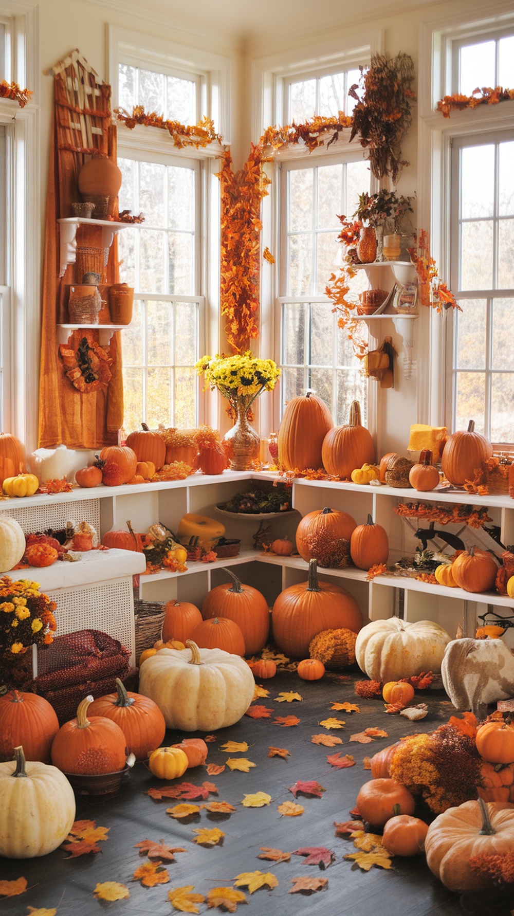 A cozy sunroom decorated for fall with pumpkins, autumn leaves, and flowers.