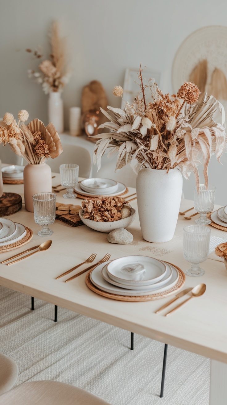 A boho dining room table setting with dried flowers, natural textures, and soft colors.
