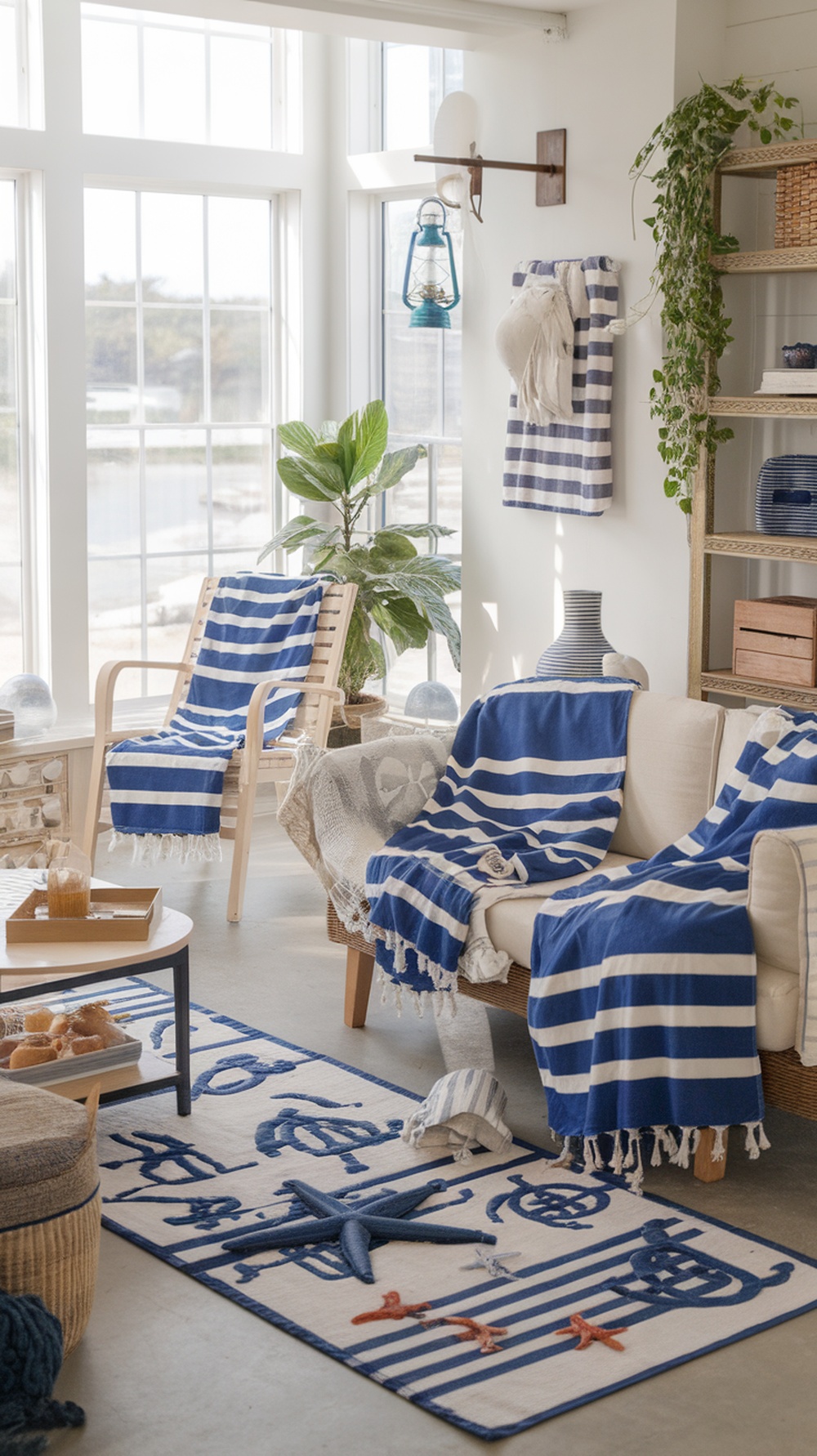 A modern coastal living room featuring blue and white striped decor, plants, and nautical-themed accessories.